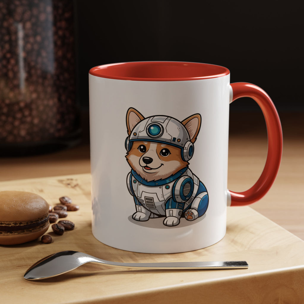 Corgi R2-D2 coffee mug with a red handle, featuring a cartoon corgi in a droid costume, placed on a wooden surface.
