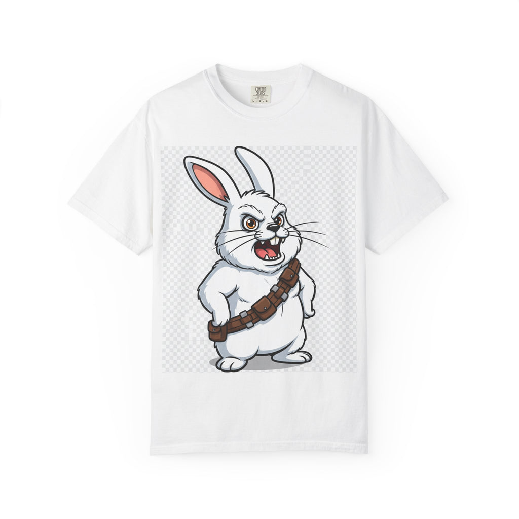 Chewbacca bunny t-shirt featuring a cartoon rabbit with a bandolier on a white background.