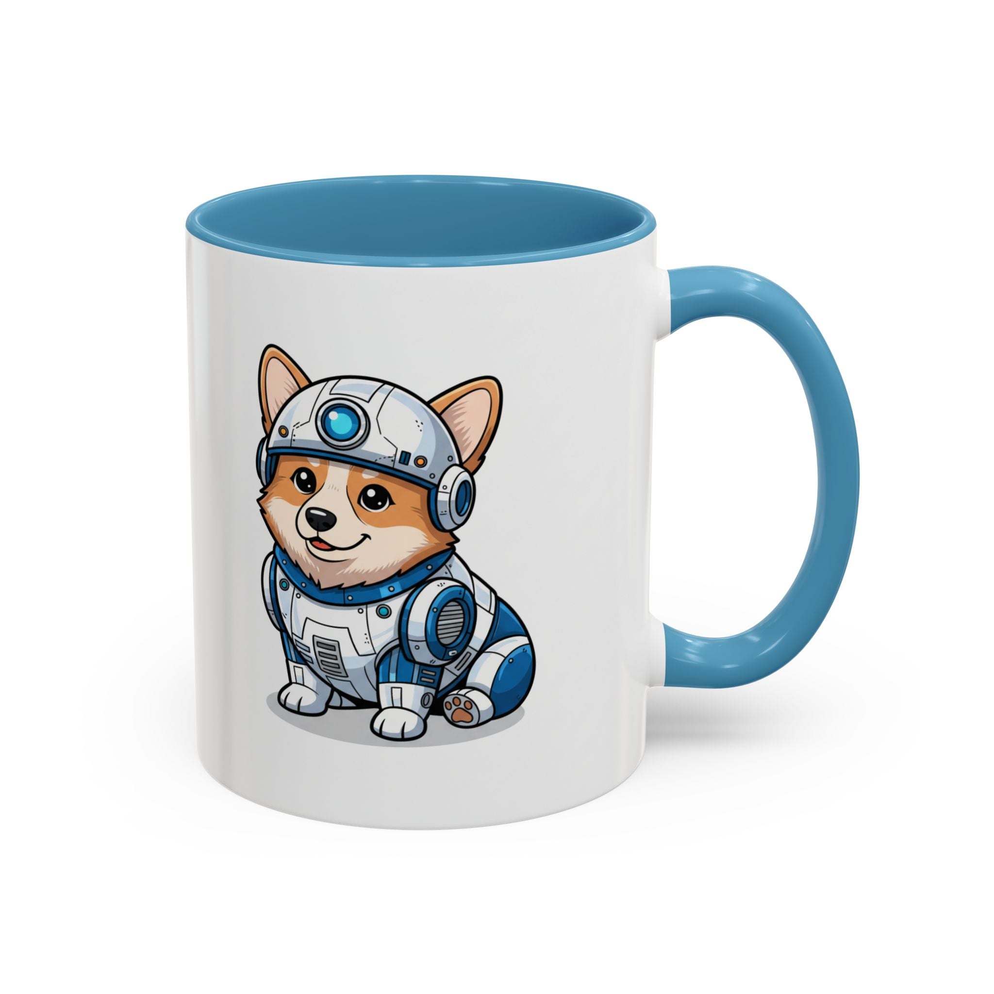 Corgi R2-D2 coffee mug with a blue interior, featuring a cartoon corgi in a droid costume.