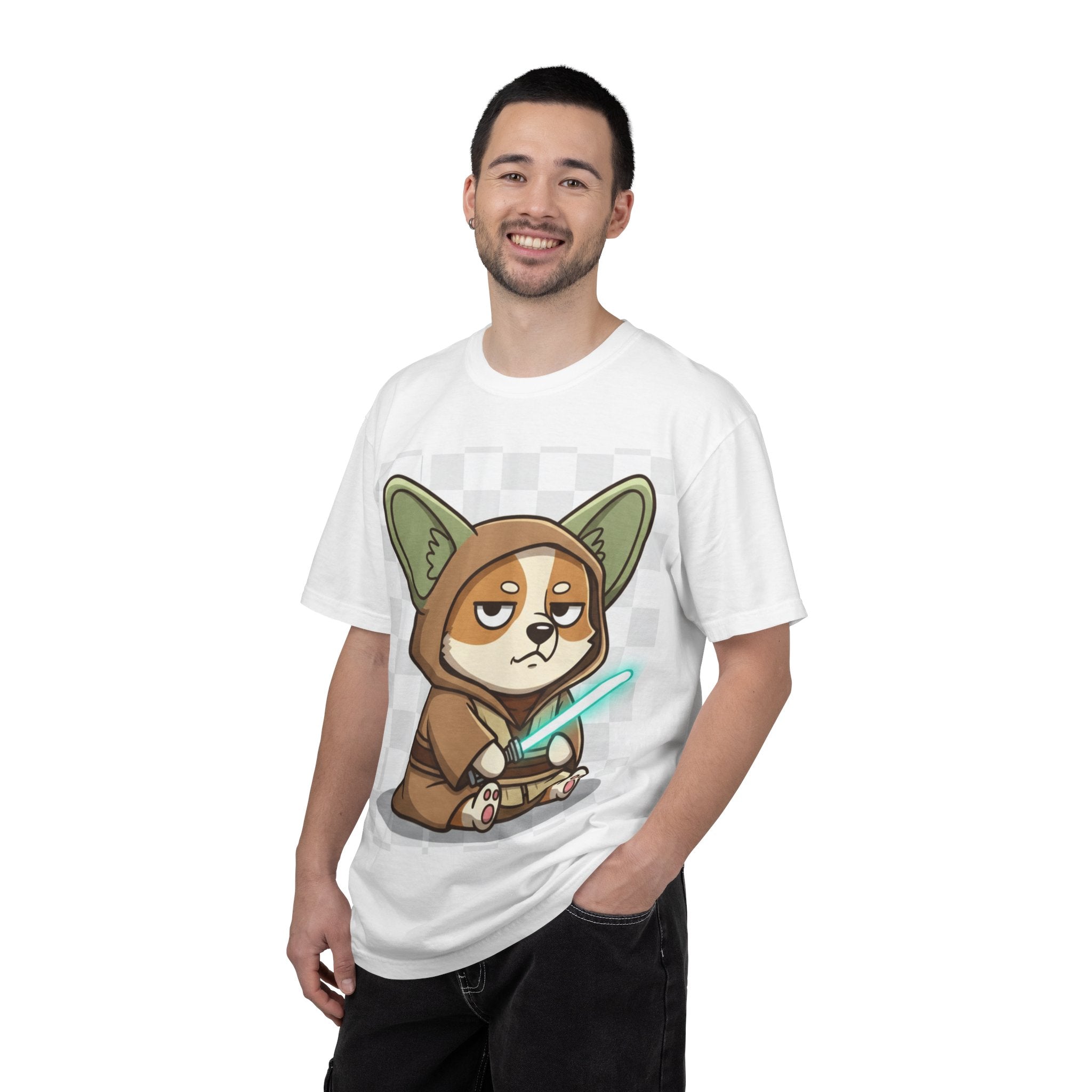 Corgi Yoda T-Shirt — Cute Grumpy Corgi Dressed as Yoda with Tiny Lightsaber