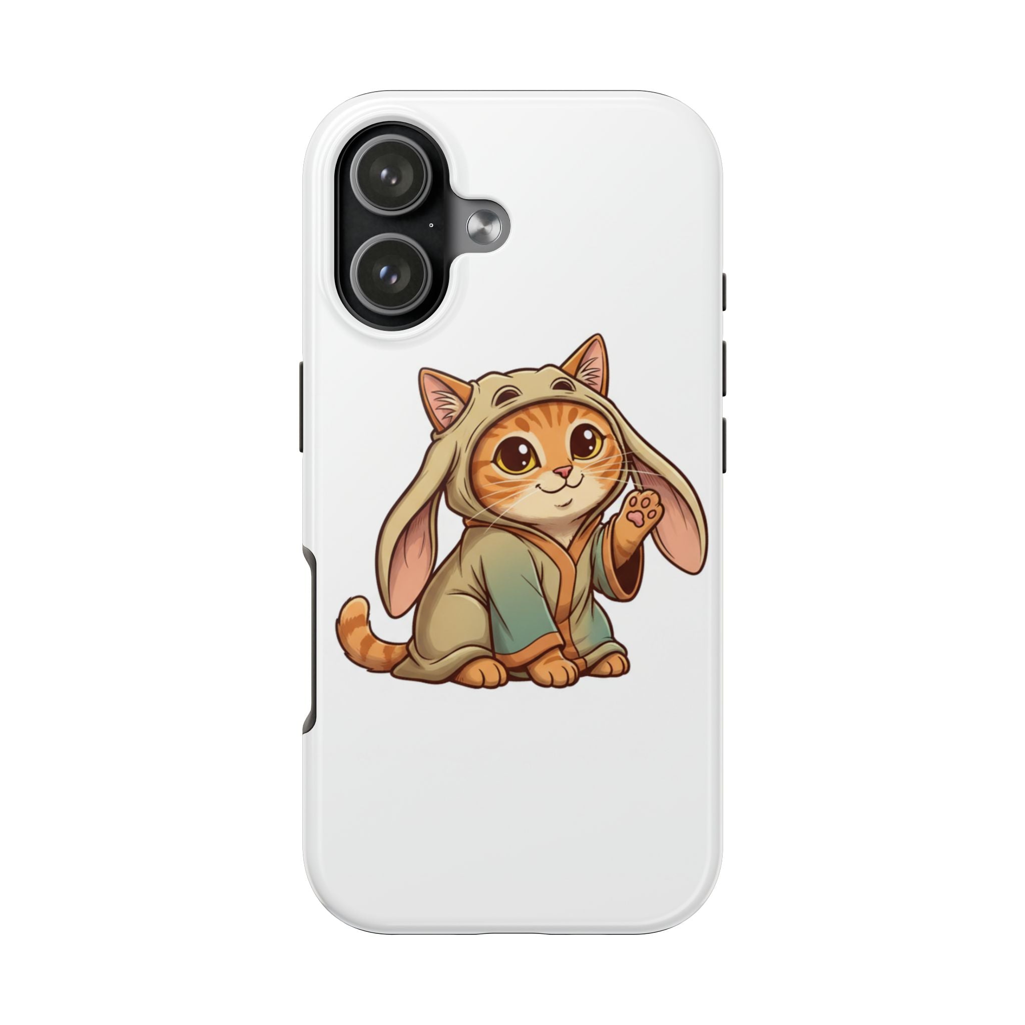 Phone case with a cute cat in a bunny costume on a white background