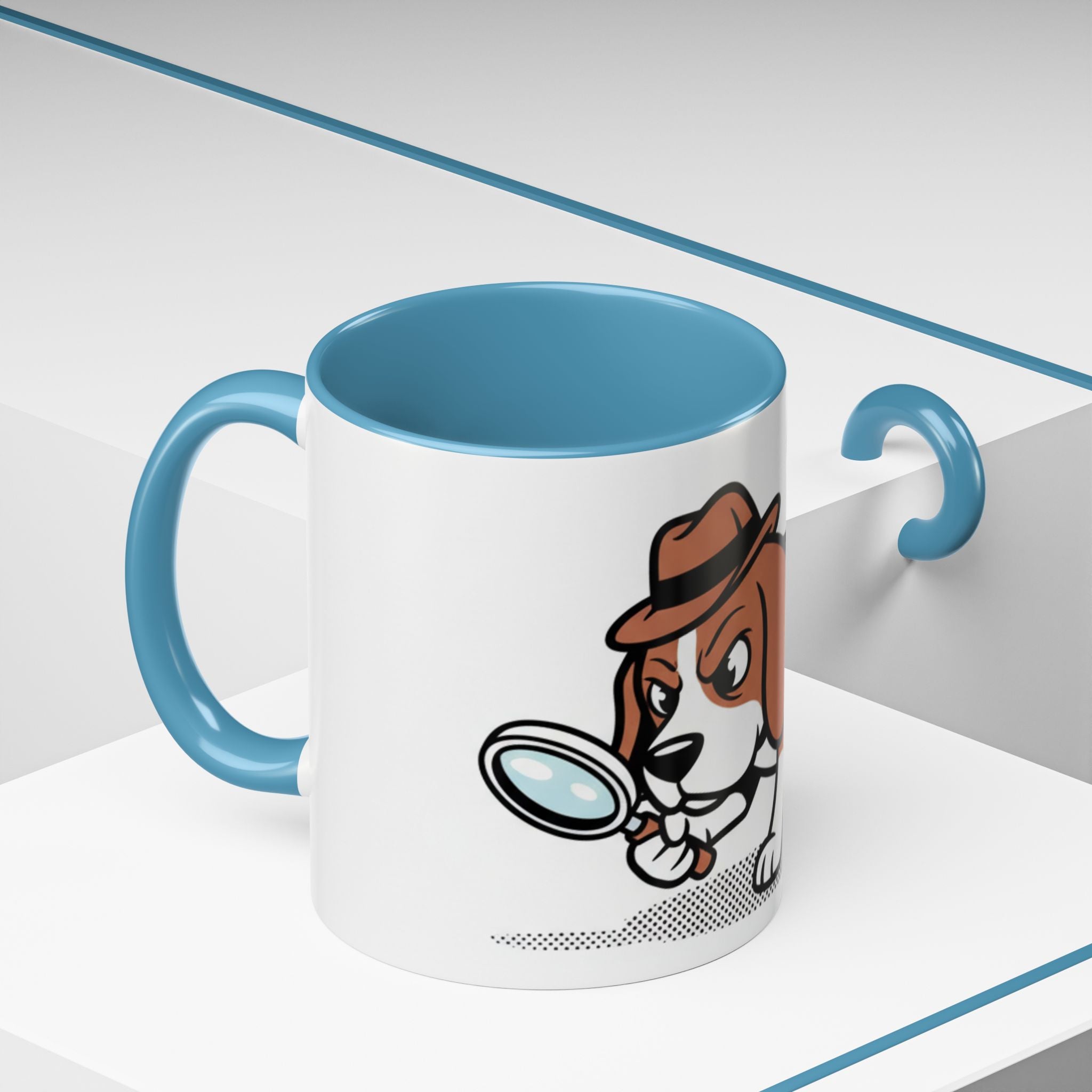 Detective Beagle mug featuring a cartoon dog with a magnifying glass and a brown hat, with a blue handle.