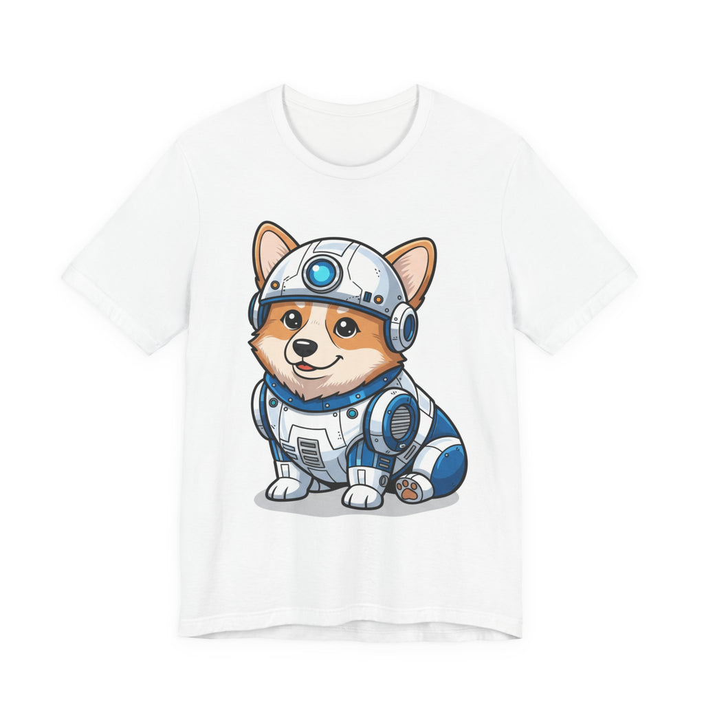 Corgi wearing an R2-D2 costume on a white t-shirt, featuring a cartoonish design with blue and gray details.