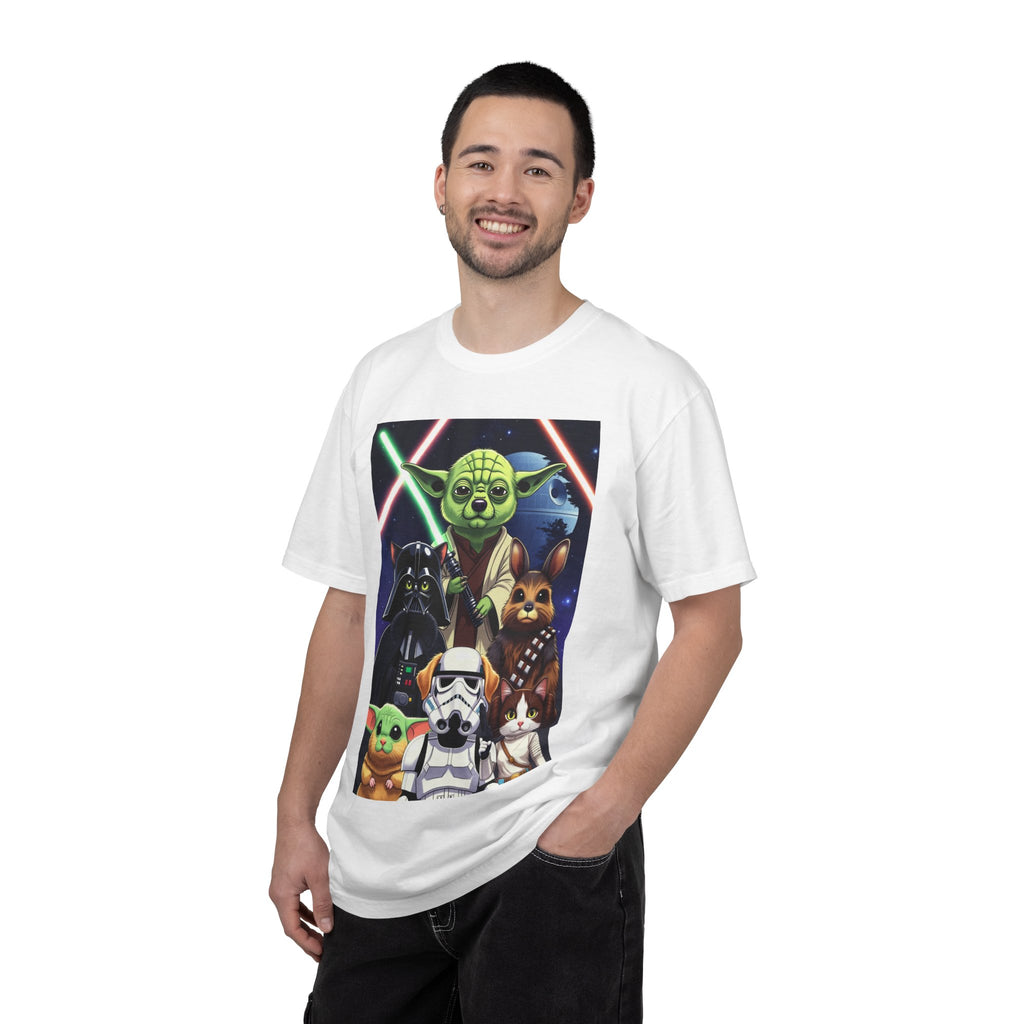 White t-shirt featuring a colorful graphic of Yoda as a corgi, Darth Vader as a cat, and Chewbacca as a bunny.