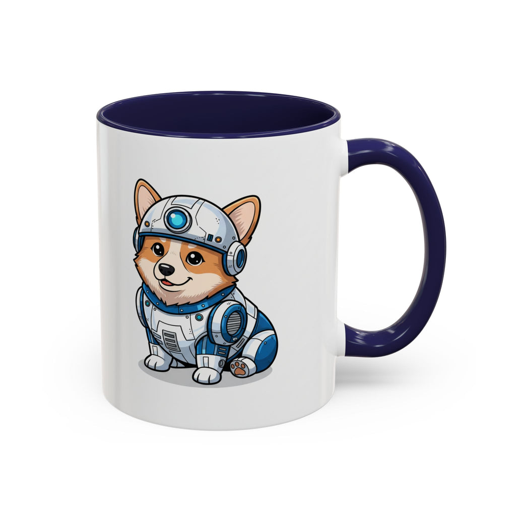 Corgi R2-D2 coffee mug with a navy blue handle and interior, featuring a cartoon corgi in a droid costume.