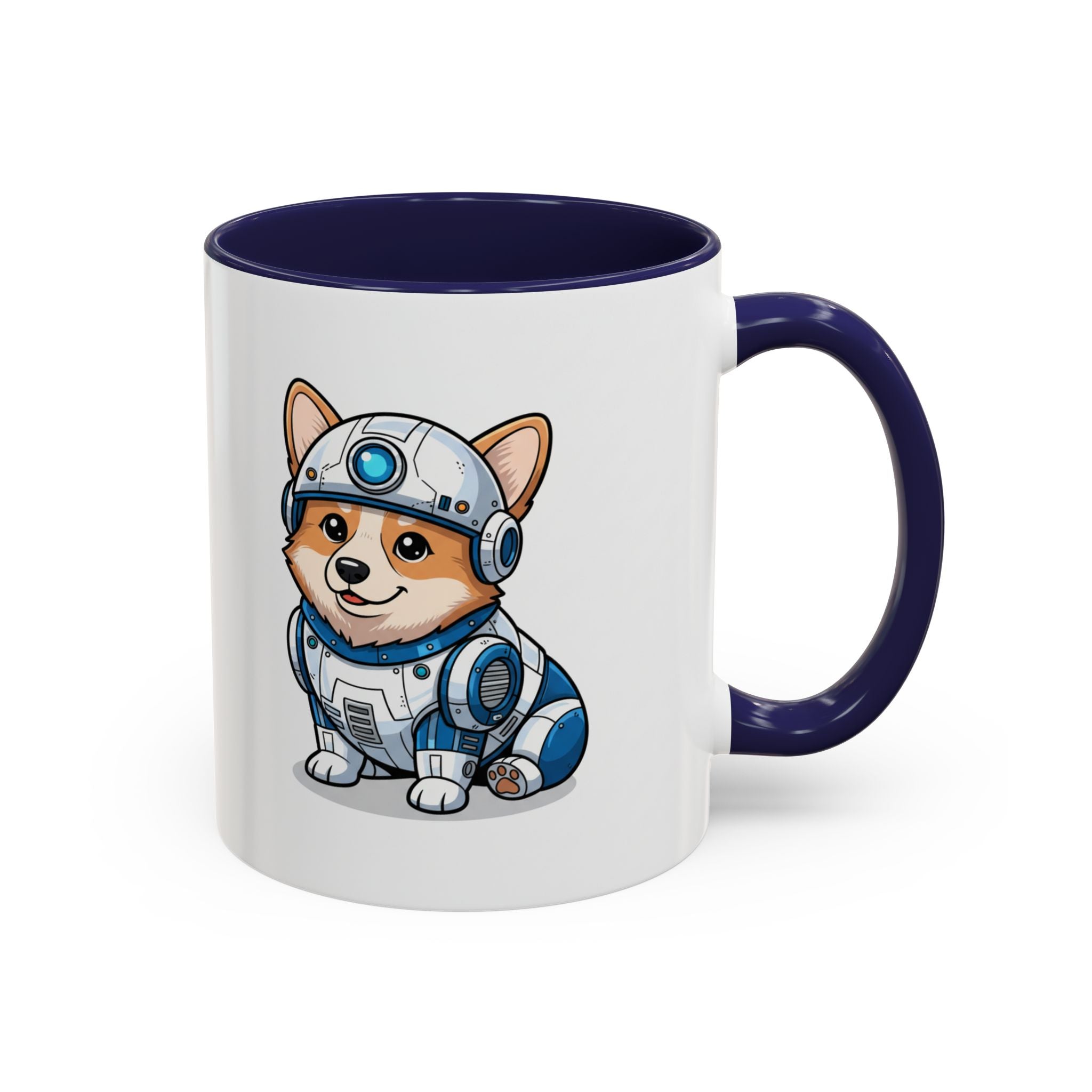 Corgi R2-D2 coffee mug with a navy blue handle and interior, featuring a cartoon corgi in a droid costume.
