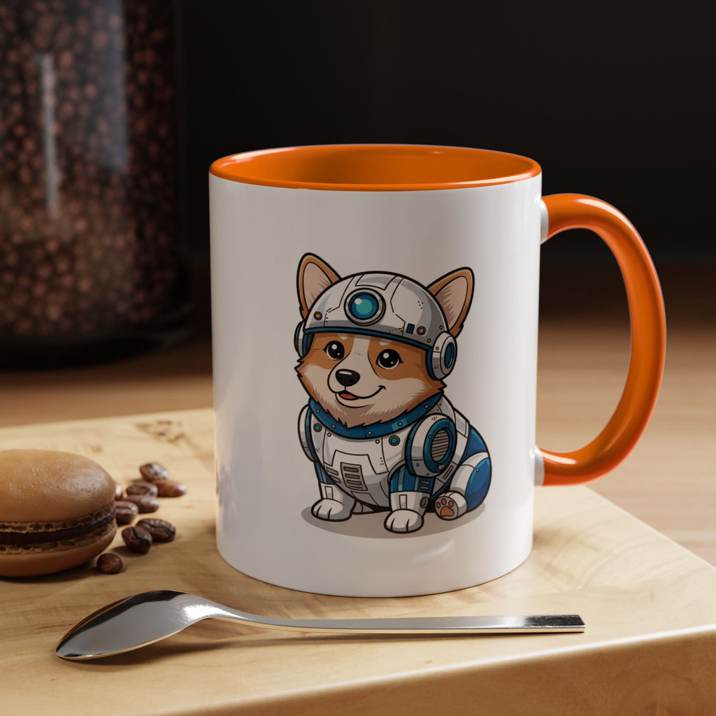 Corgi R2-D2 coffee mug with an orange handle, featuring a cartoon corgi in a droid costume on a wooden surface.