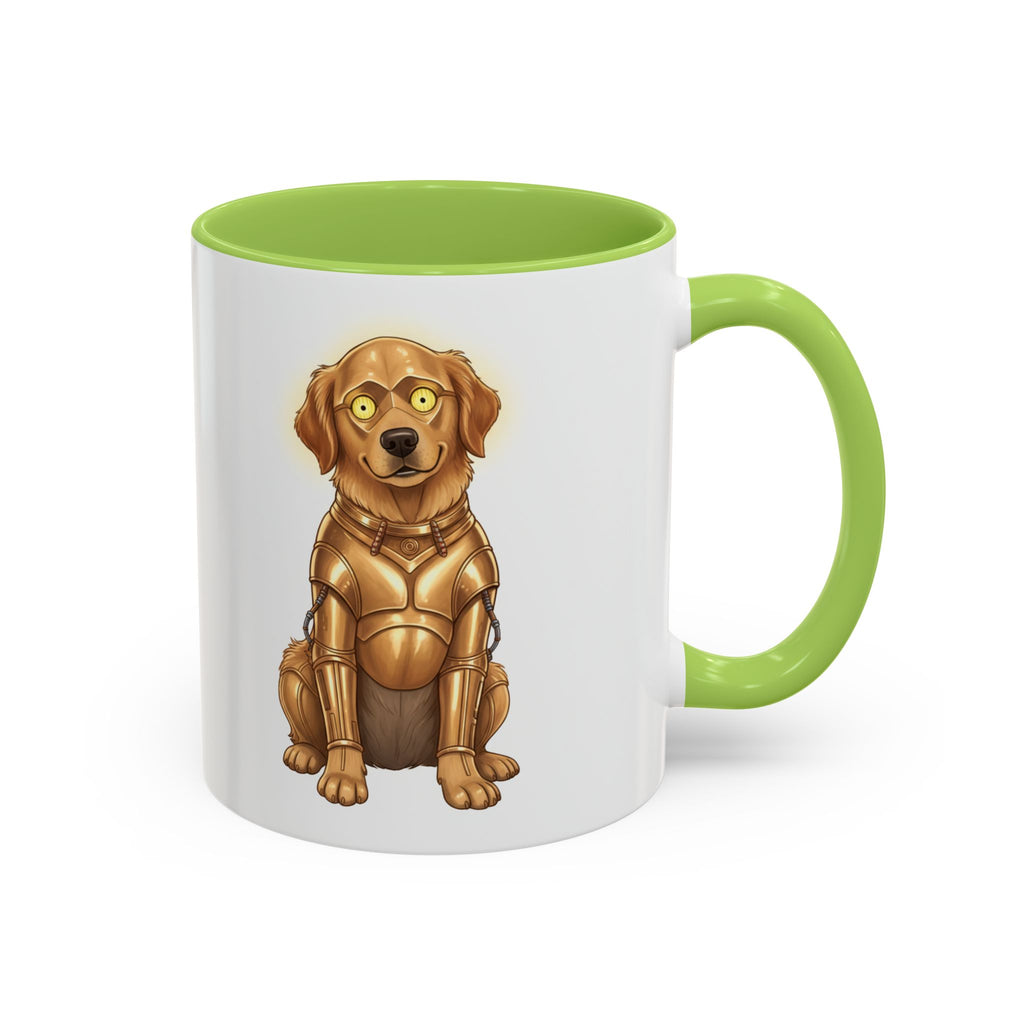 Golden Retriever C-3PO mug with a green handle, featuring a cartoon dog in a gold robot suit.