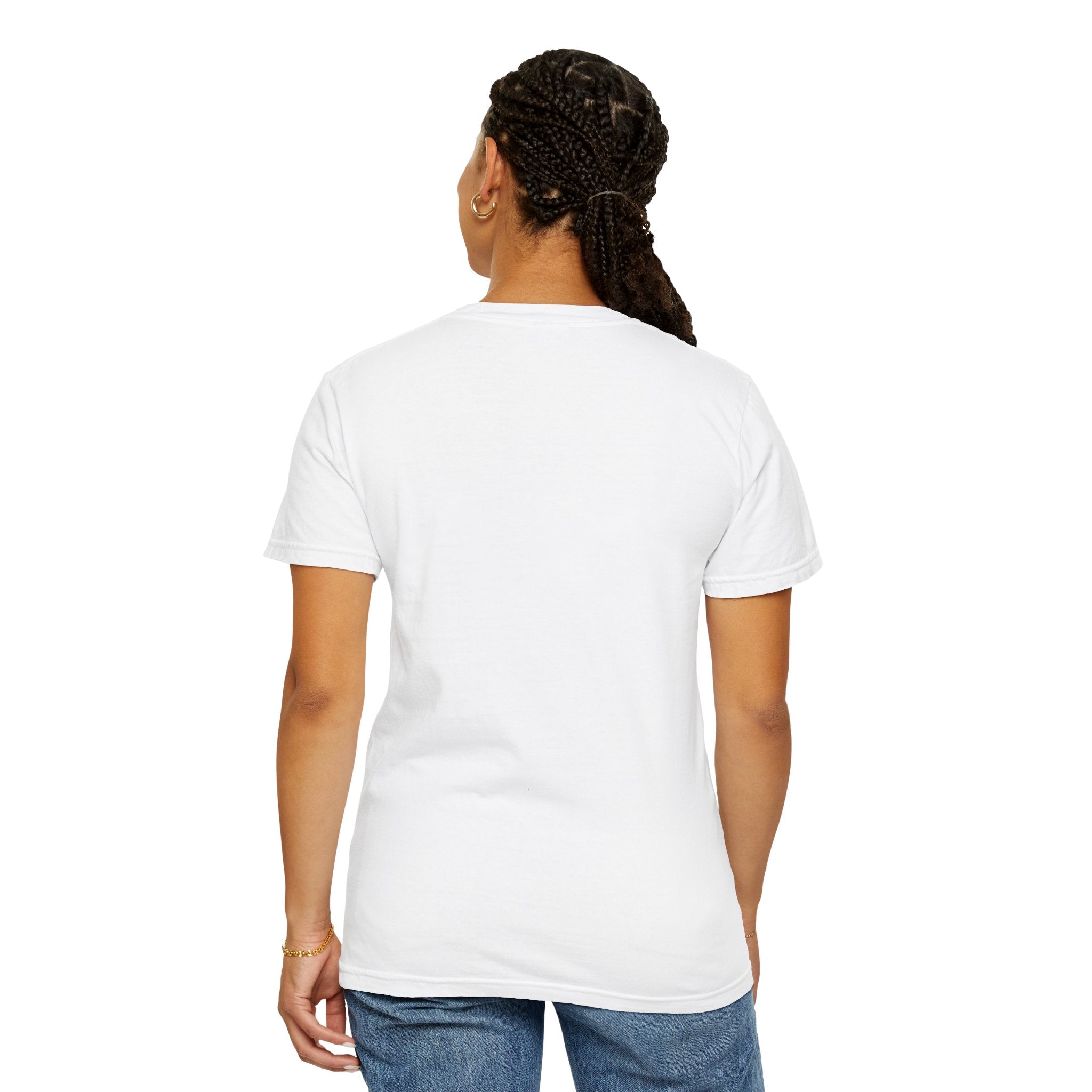 White t-shirt featuring a humorous Jar Jar Binks design with an orange tabby cat, viewed from the back.