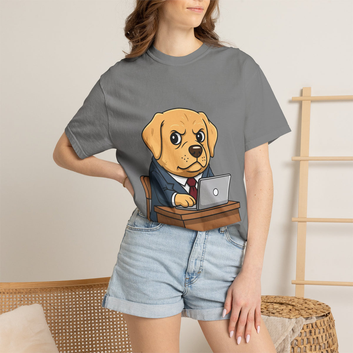 Cute Office Dog T-Shirt — Puppy Boss Working on Laptop Graphic Tee