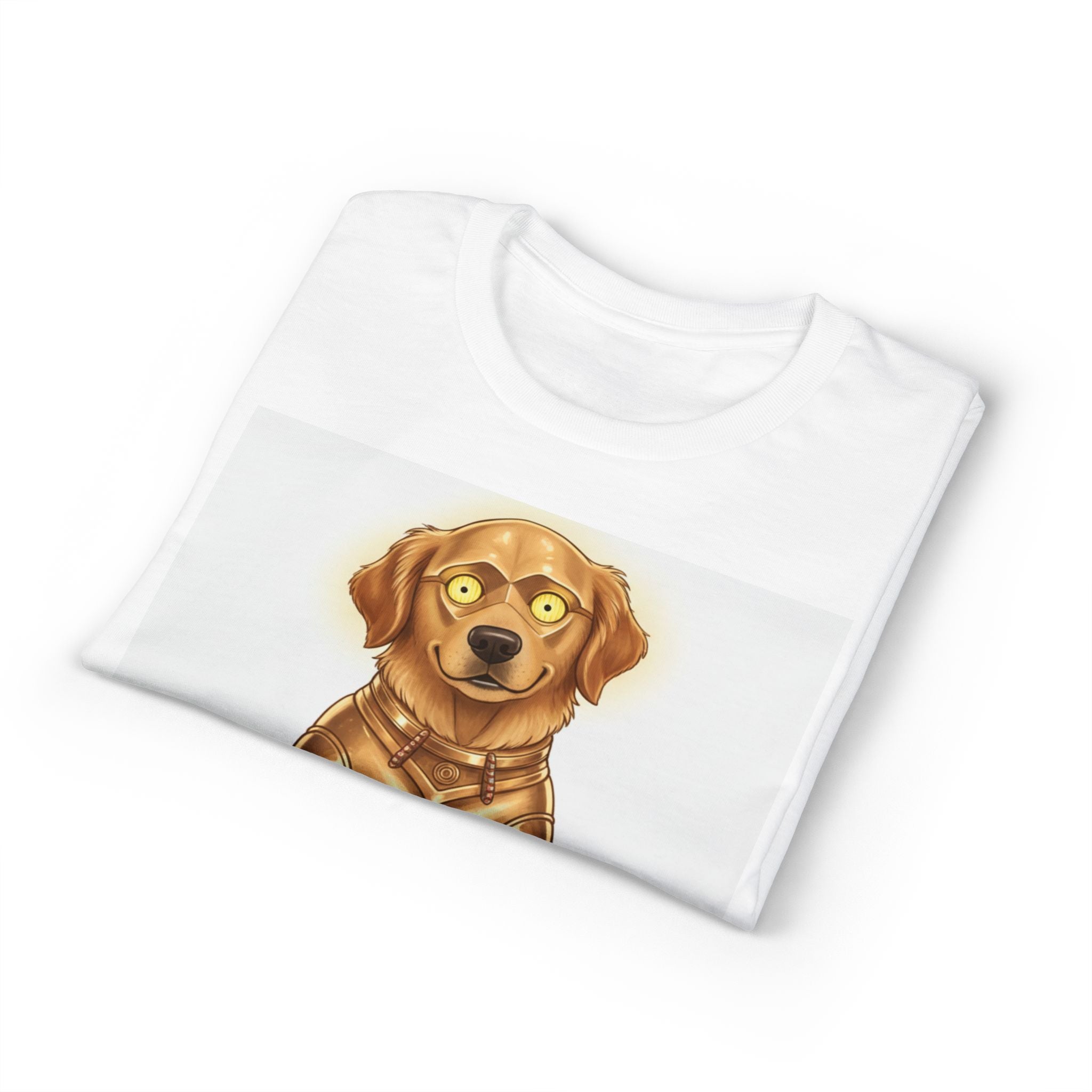 Golden Retriever wearing a C-3PO costume on a white t-shirt, featuring a cartoon-style design.