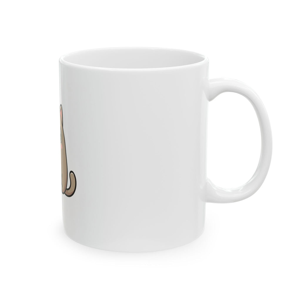 White mug with a cute brown cat illustration on a white background