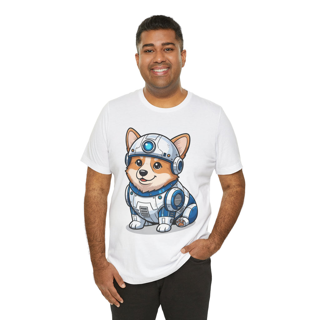 Corgi R2-D2 T-shirt featuring a cartoon corgi in a droid costume on a white background.