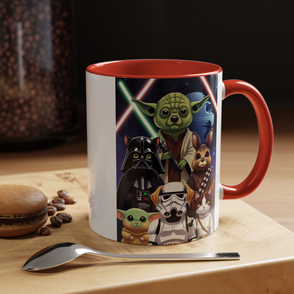 Star Wars Pets coffee mug featuring cartoon cats and dogs in galaxy attire with a red handle and interior.