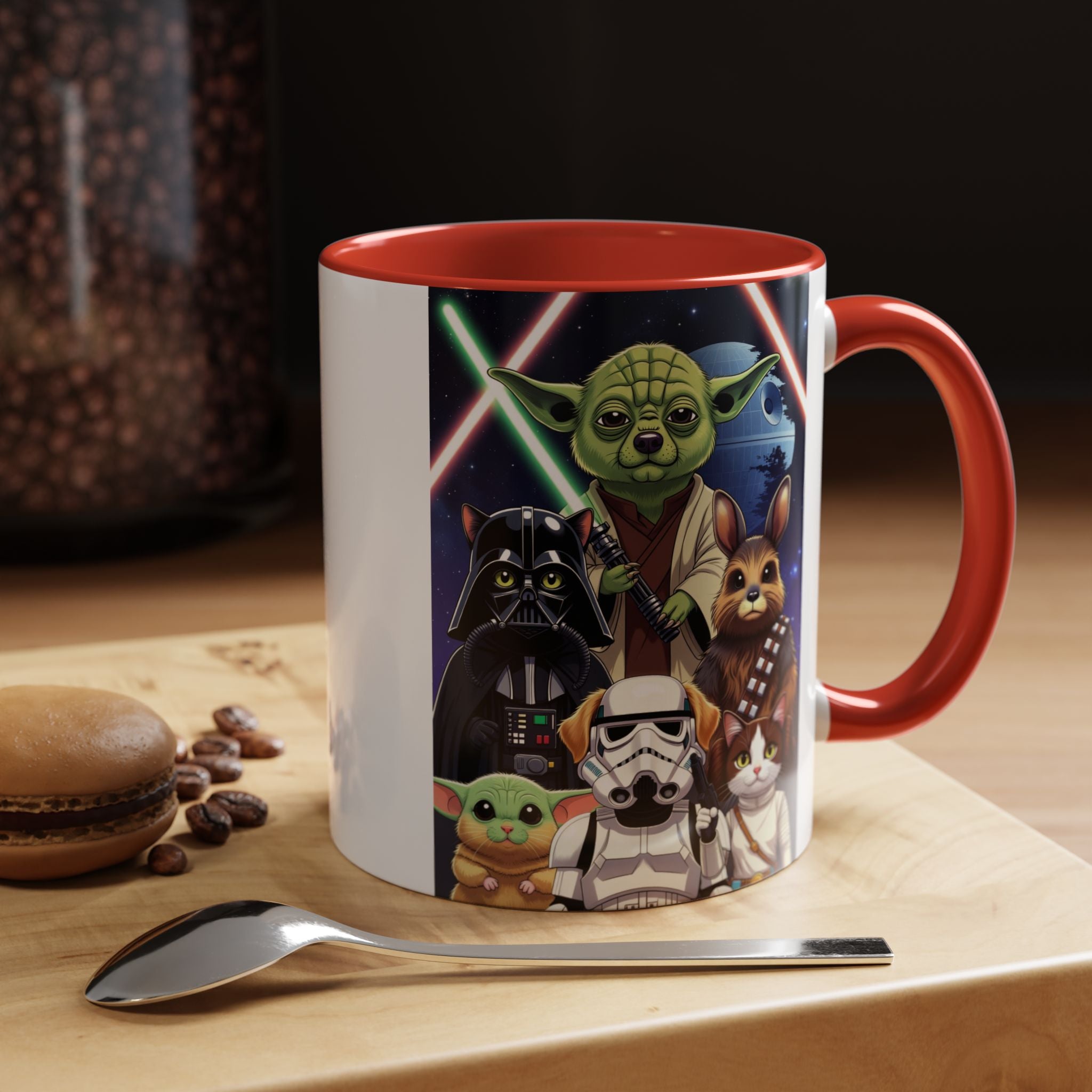 Star Wars Pets coffee mug featuring cartoon cats and dogs in galaxy attire with a red handle and interior.