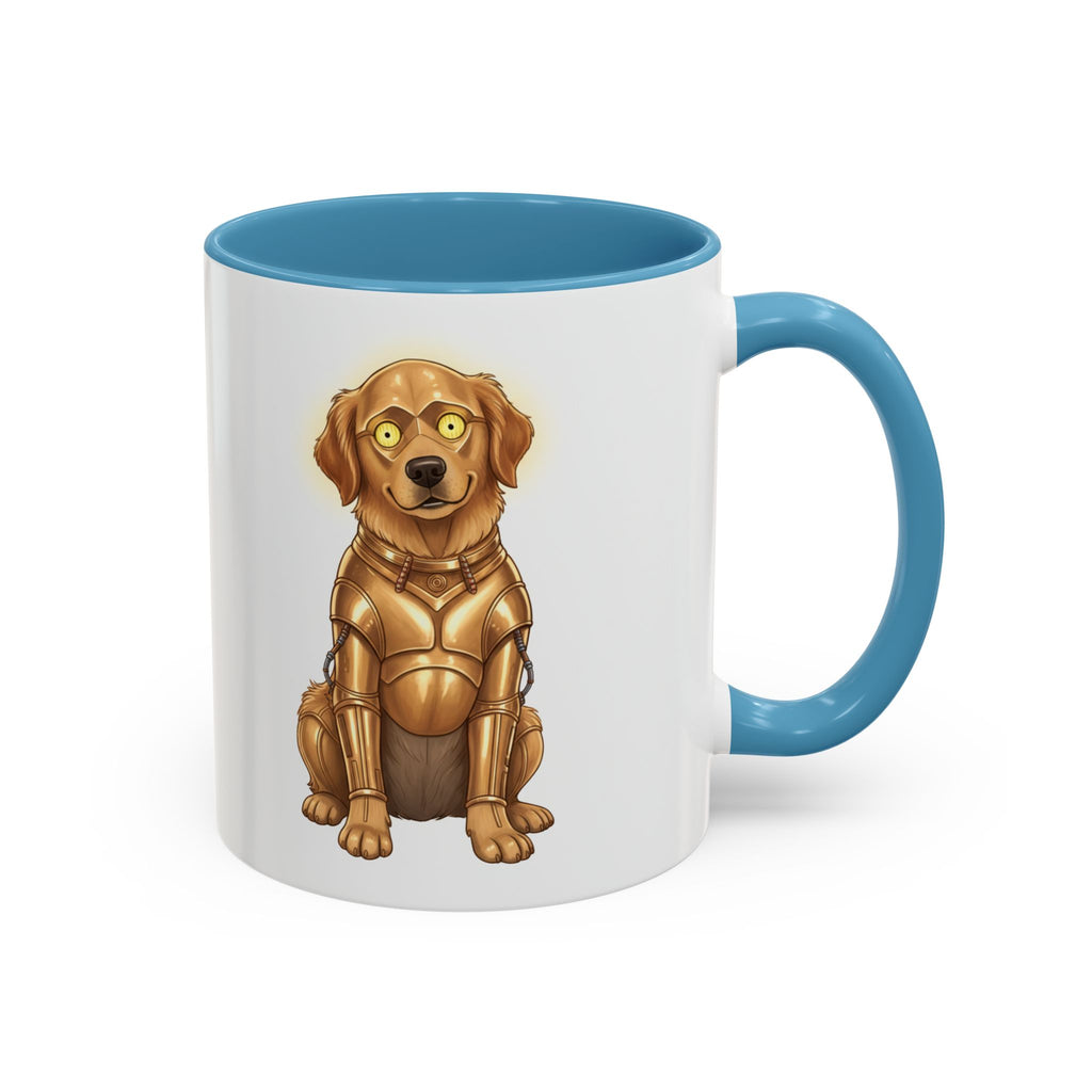 Golden Retriever C-3PO mug with a blue handle, featuring a cartoon dog in a gold droid costume.