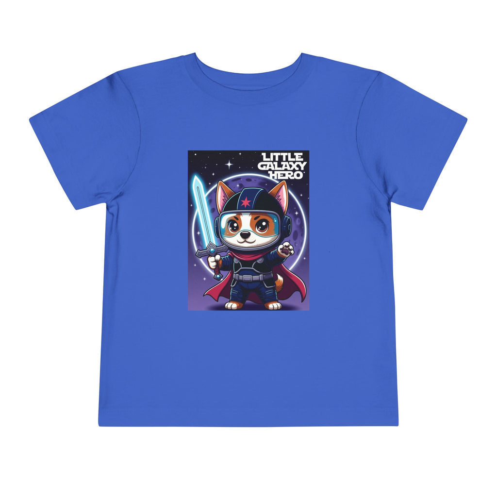 Little Galaxy Hero kids t-shirt in blue featuring a cartoon space puppy wearing a helmet and holding a lightsaber.
