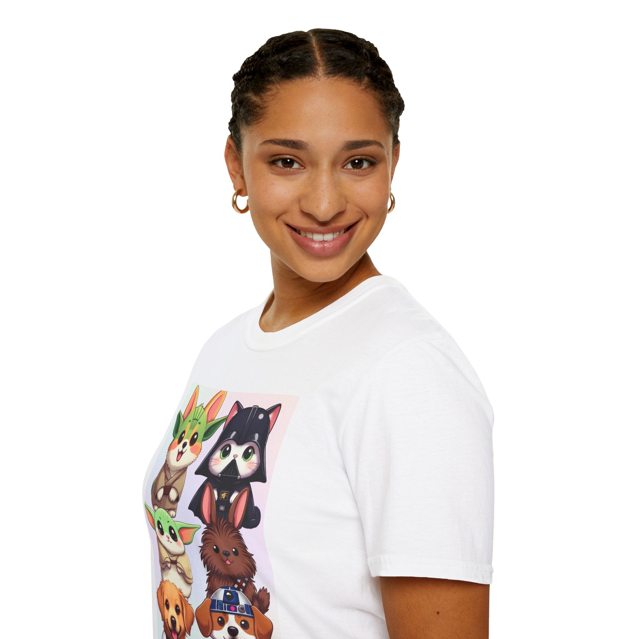 Pawsitive Force T-shirt featuring cartoon pets styled as Star Wars characters on a white background.
