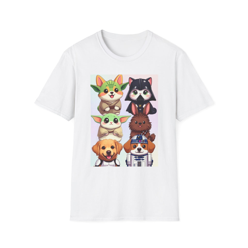 Pawsitive Force T-shirt featuring cartoon pets styled as Star Wars characters on a white background.