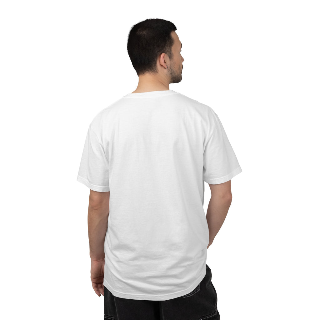 White t-shirt worn by a man, showing the back view, with a relaxed fit and short sleeves.