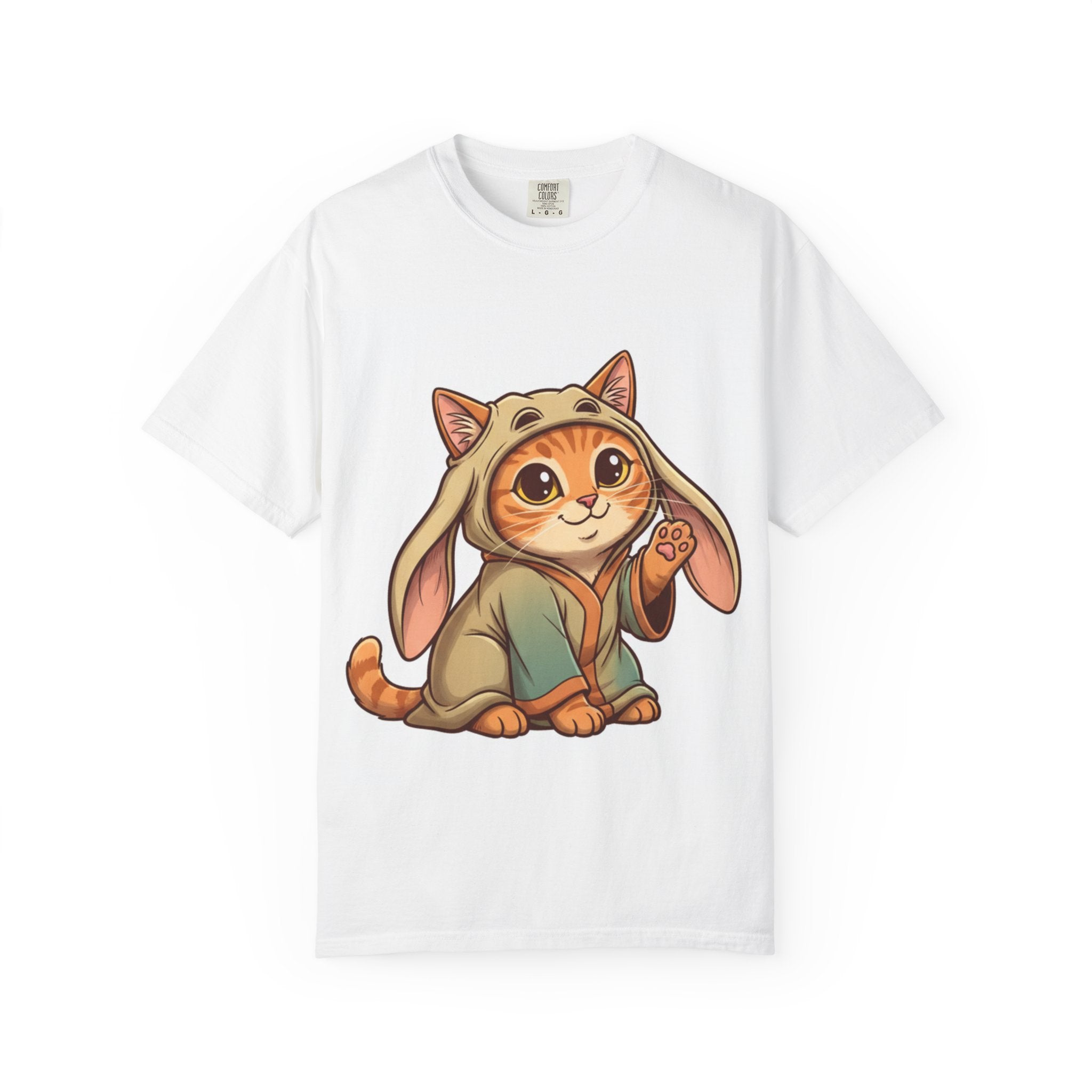 Funny Jar Jar cat shirt featuring an orange tabby in a hooded outfit, sitting and waving, on a white T-shirt.