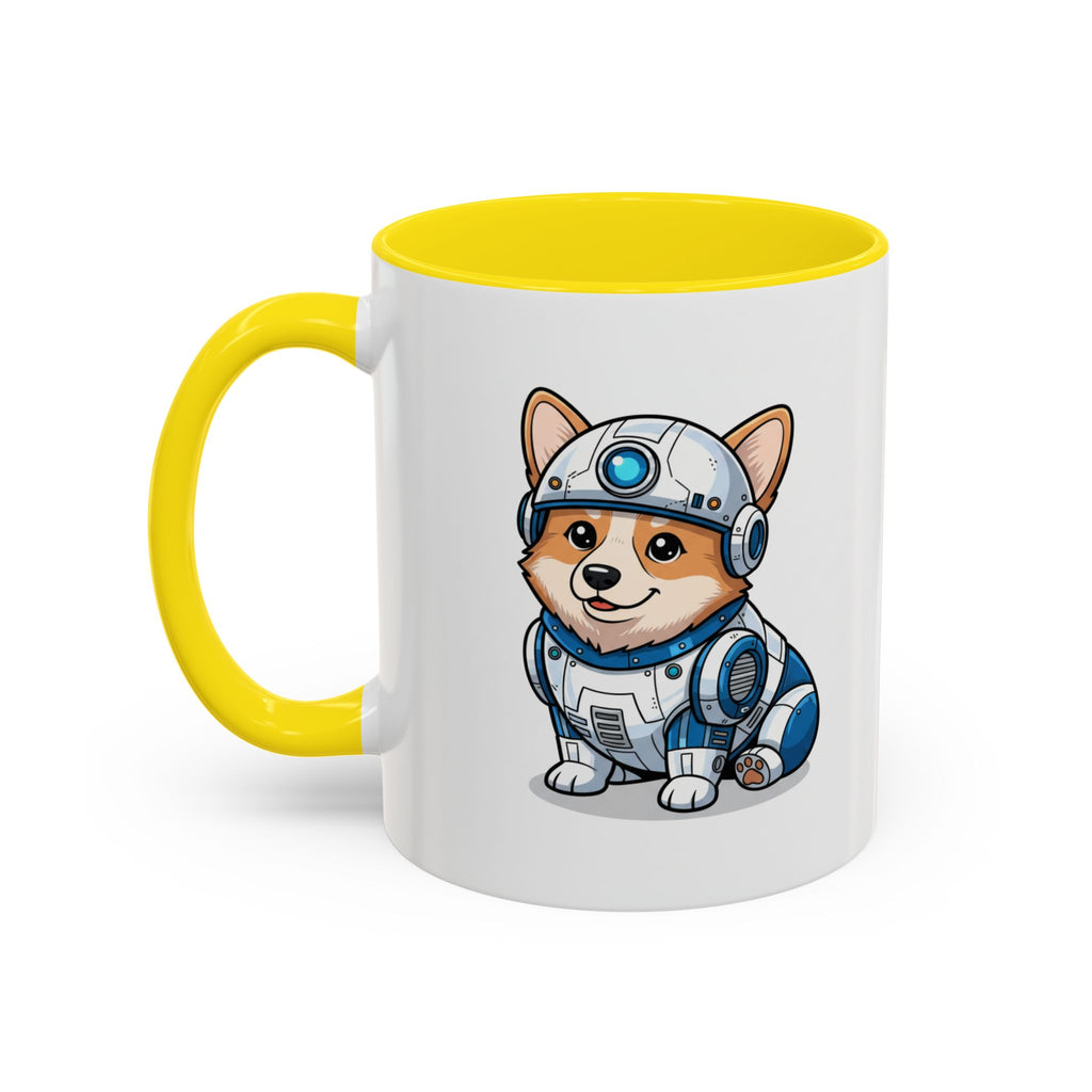 Corgi R2-D2 coffee mug with a yellow handle, featuring a cartoon corgi in a droid costume.