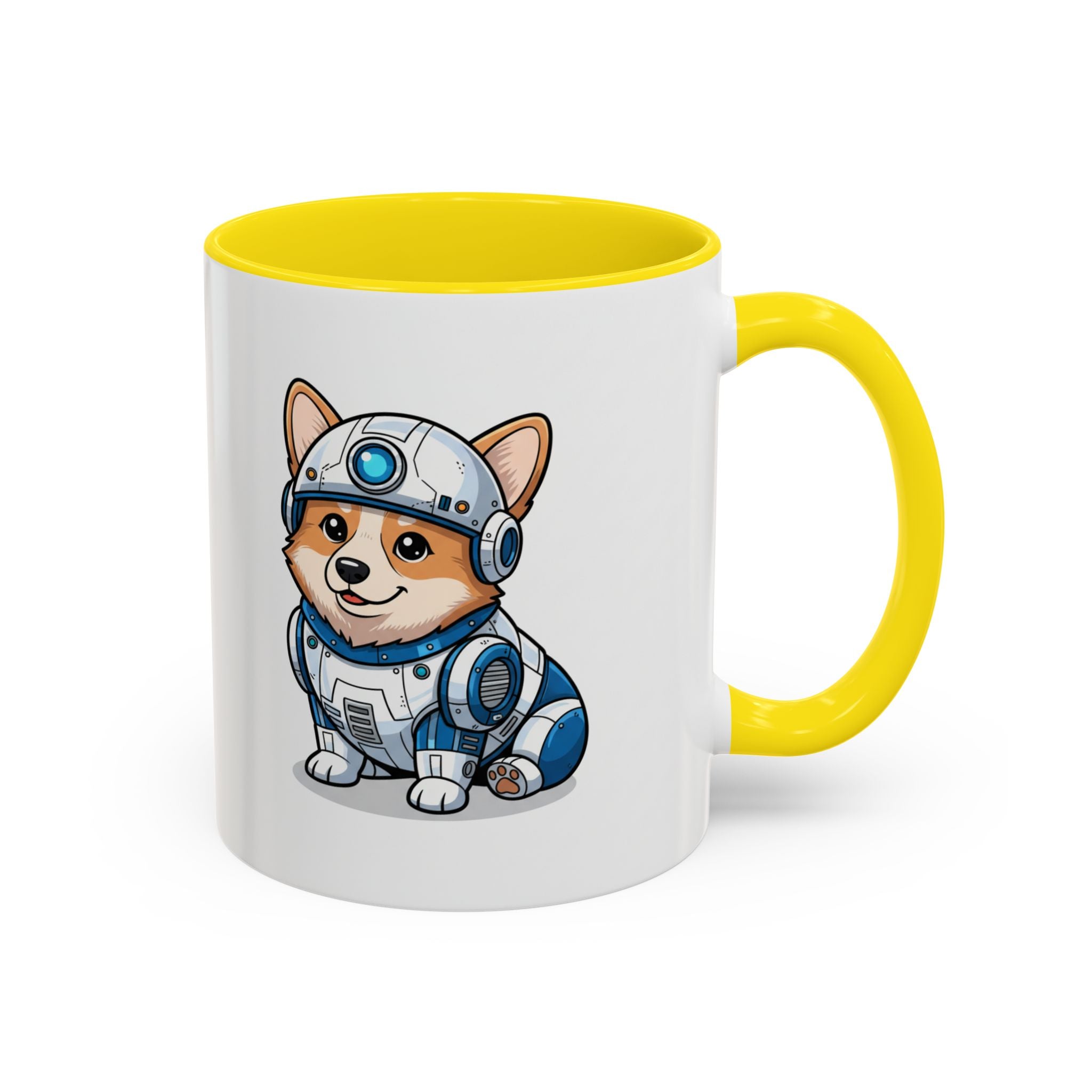 Corgi R2-D2 coffee mug with a yellow handle, featuring a cartoon corgi in a droid costume.