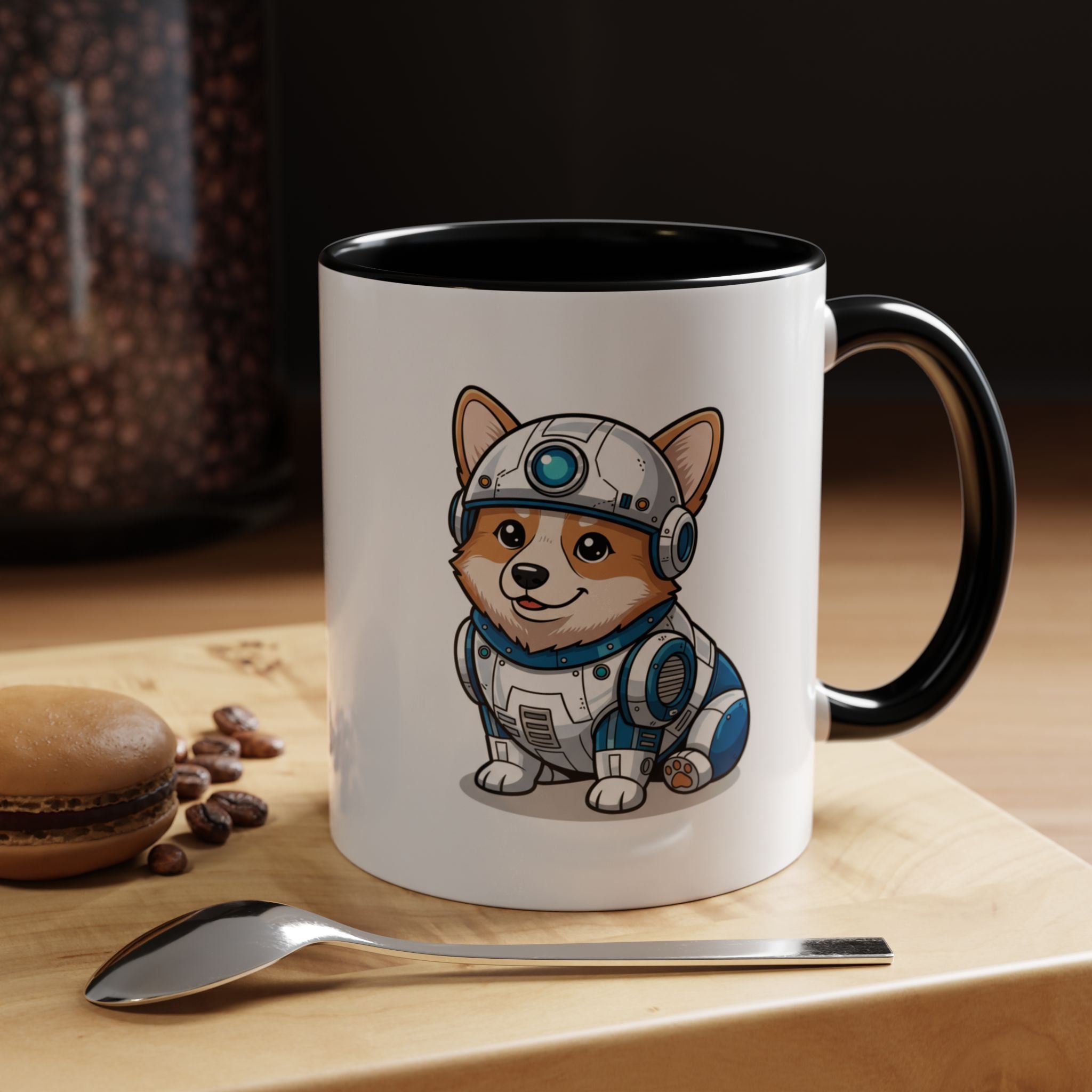 Corgi R2-D2 coffee mug with black handle, featuring a dog in an astronaut suit on a wooden surface with coffee beans.