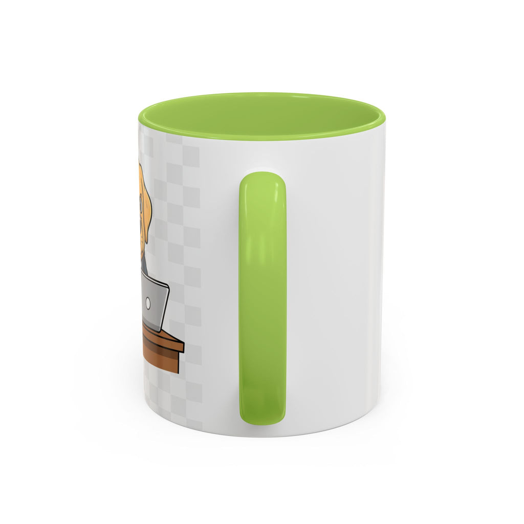 Yellow Lab Boss mug with a cartoon dog in a suit, featuring a green handle and interior, shown from the side.