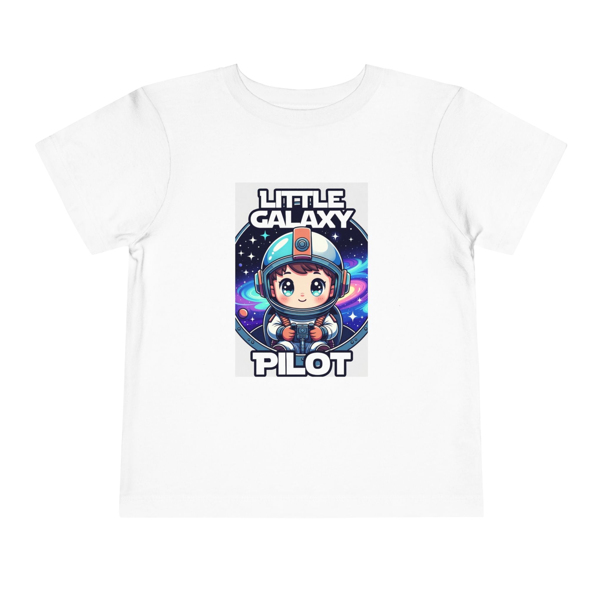 Little Galaxy Pilot kids t-shirt featuring a cute astronaut graphic on a white background.