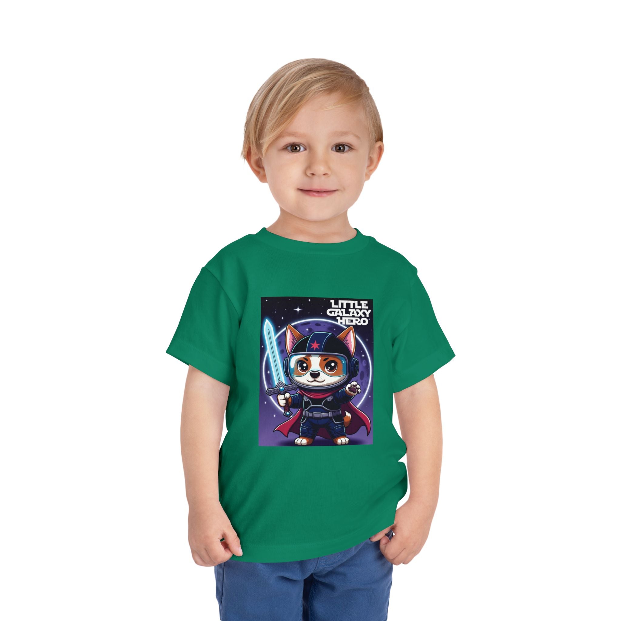 Little Galaxy Hero kids t-shirt in green featuring a cartoon space puppy with a lightsaber design.