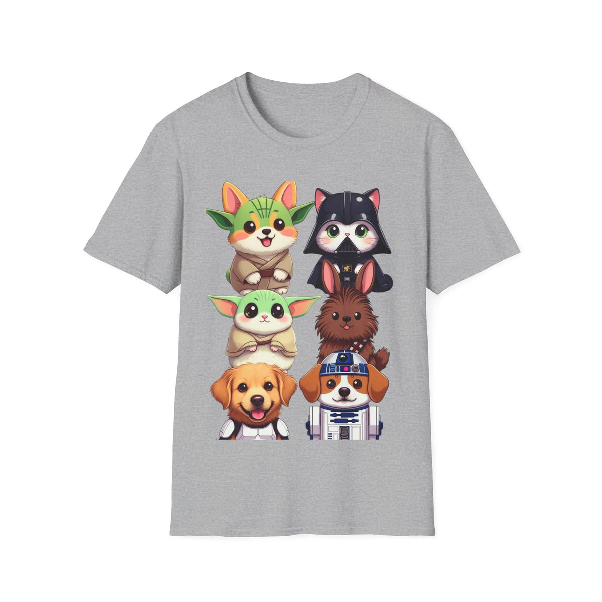 Cute Star Wars Pet Stack T-Shirt — Baby Yoda, Chewie & Droid Cartoon Tee