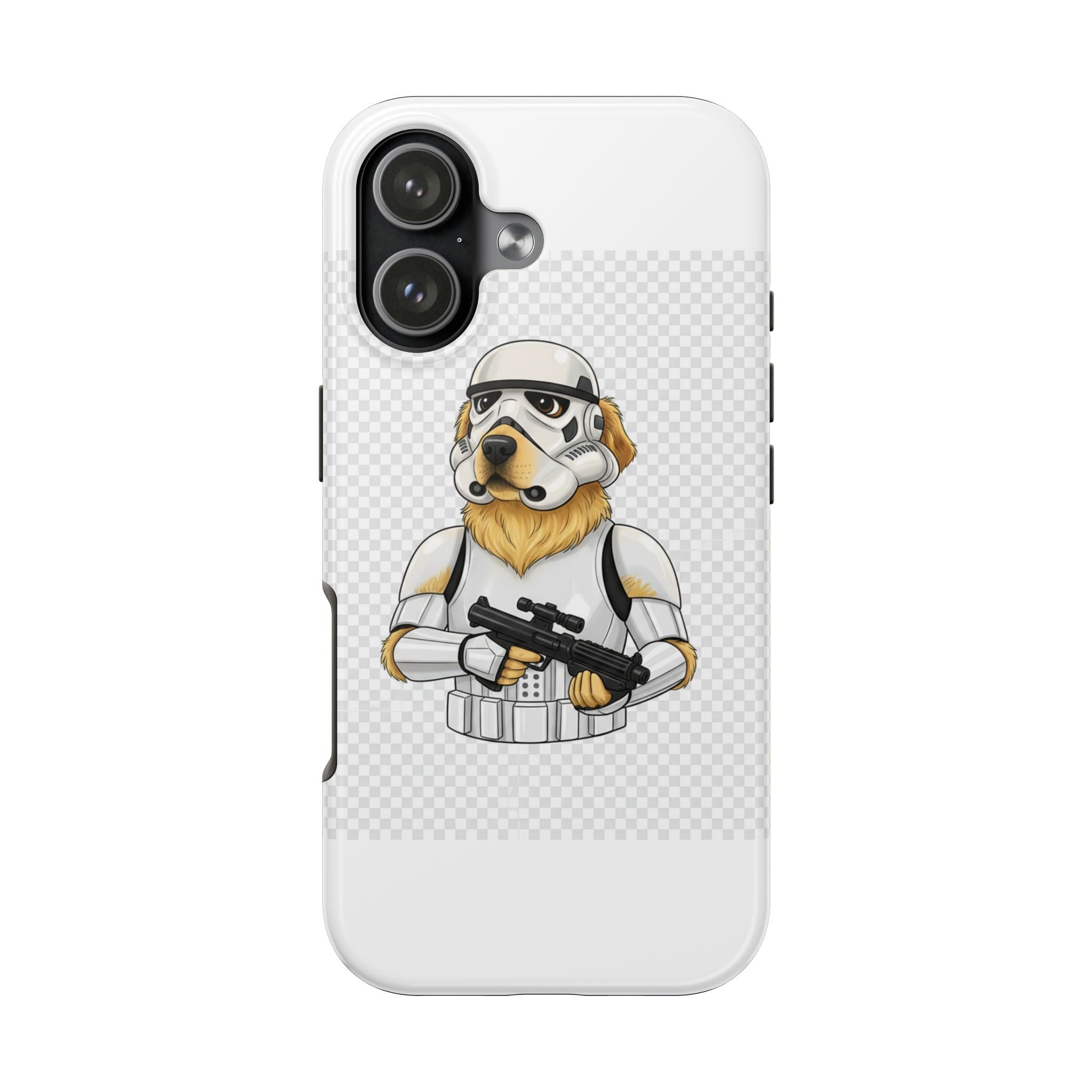 Phone case with a dog dressed as a stormtrooper from Star Wars on a white background