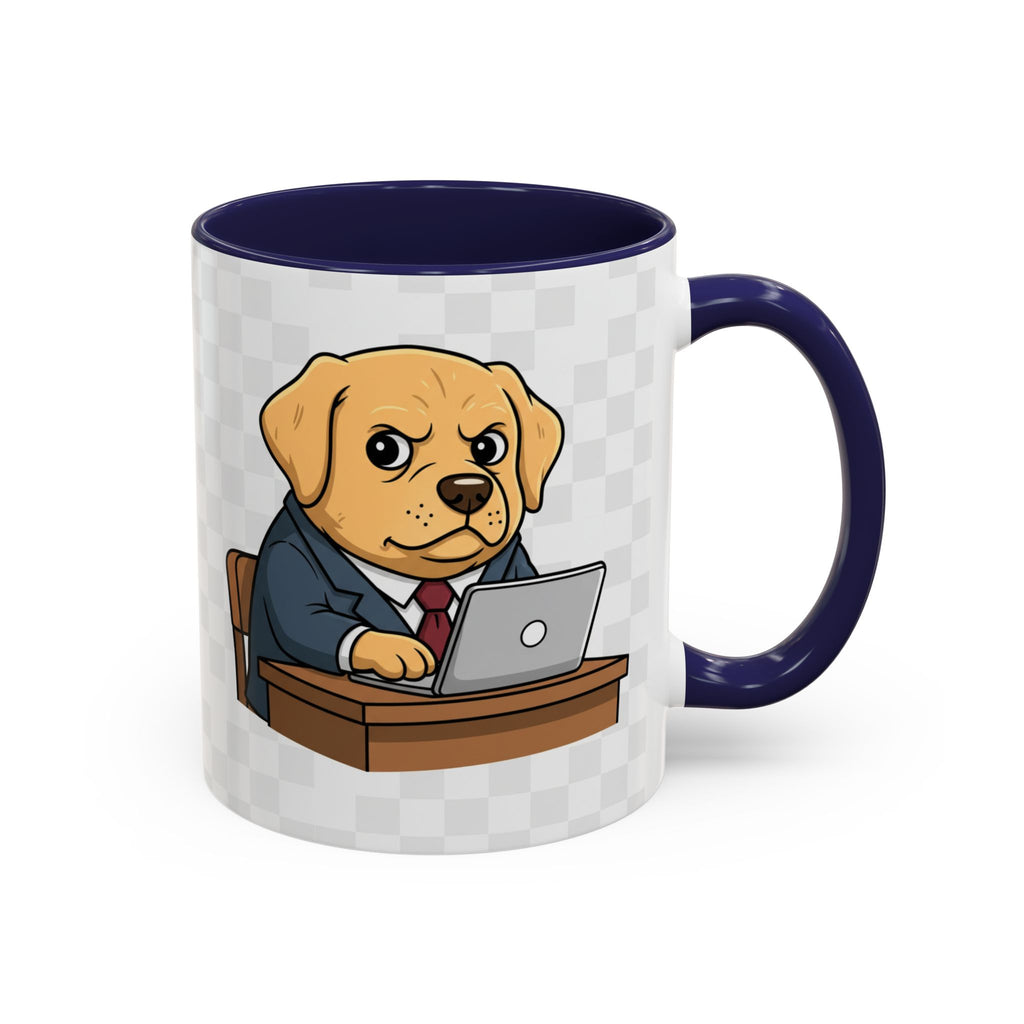 Yellow Lab Boss mug featuring a cartoon dog in a suit sitting at a desk with a laptop, available in 11oz and 15oz sizes.