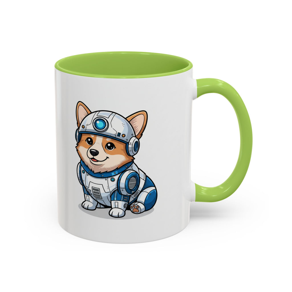 Corgi R2-D2 coffee mug with a green handle, featuring a cartoon corgi in a droid costume.