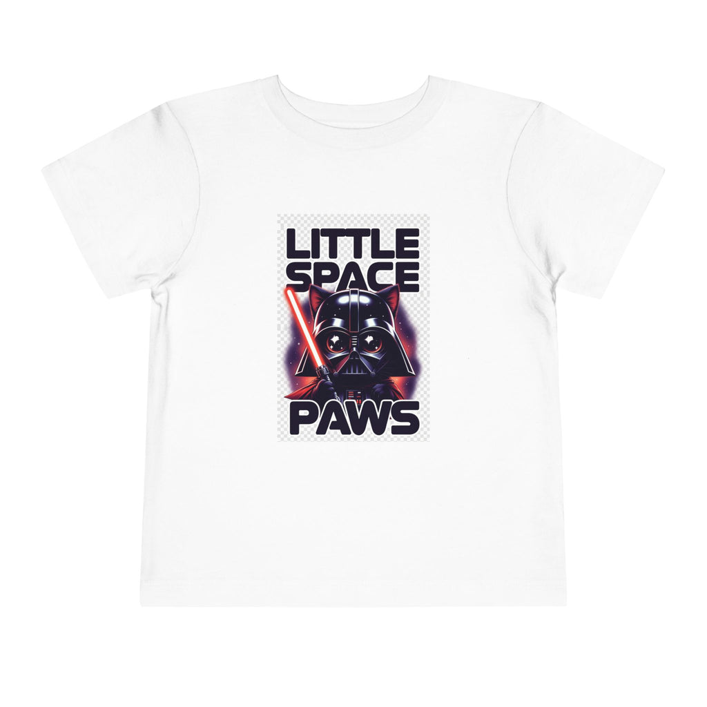 Darth Vader cat toddler t-shirt in white featuring "Little Space Paws" graphic with a black cat and lightsabers.