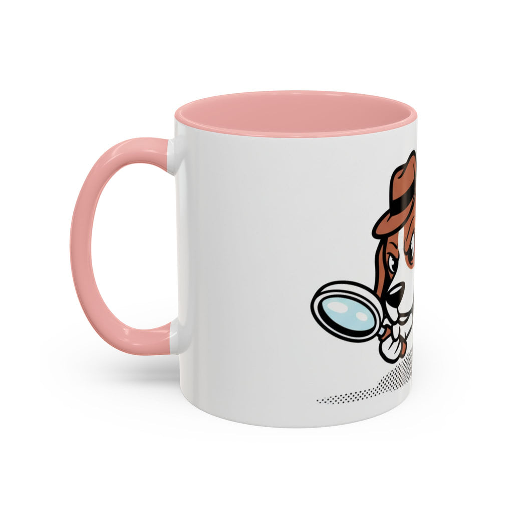 Detective Beagle mug with a pink handle, featuring a cartoon beagle holding a magnifying glass.