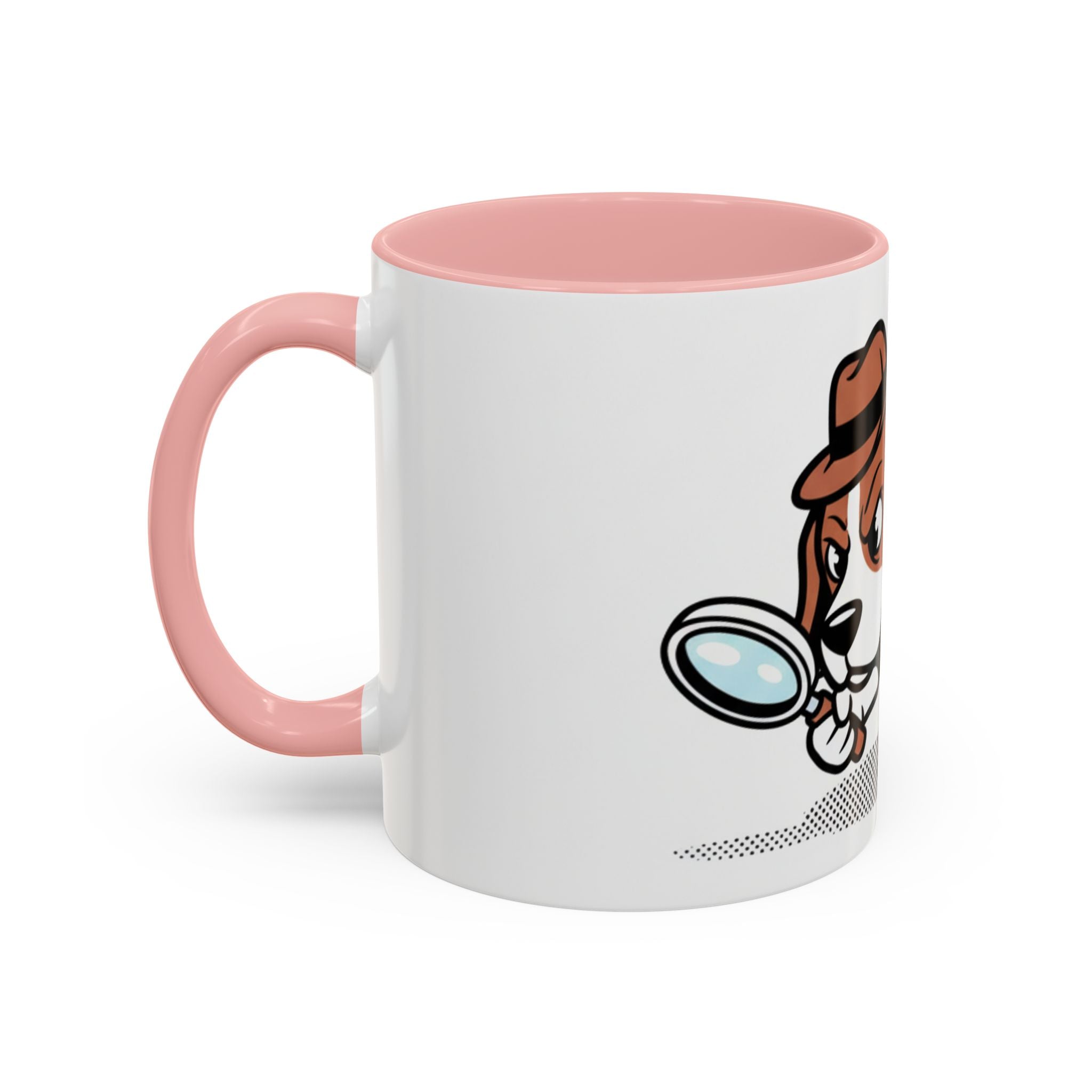 Detective Beagle mug with a pink handle, featuring a cartoon beagle holding a magnifying glass.