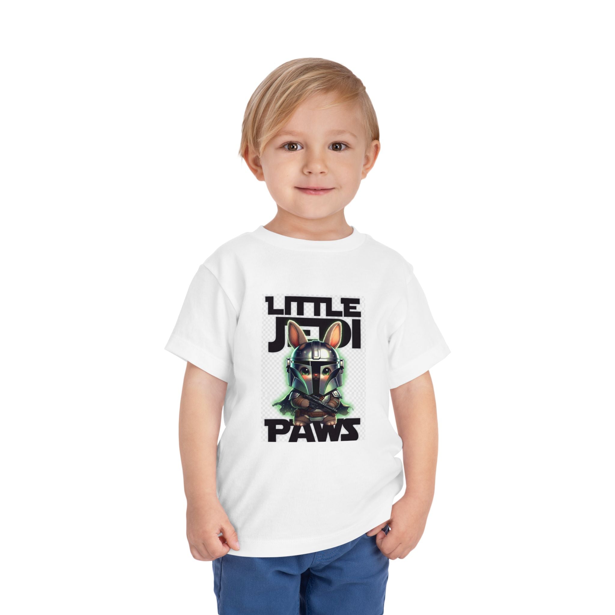 Mandalorian bunny toddler t-shirt in white featuring a cartoon bunny in armor with "Little Jedi Paws" text.