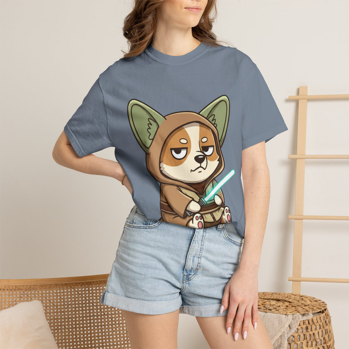 Corgi Jedi T-Shirt — Cute Grumpy Puppy with Lightsaber Graphic