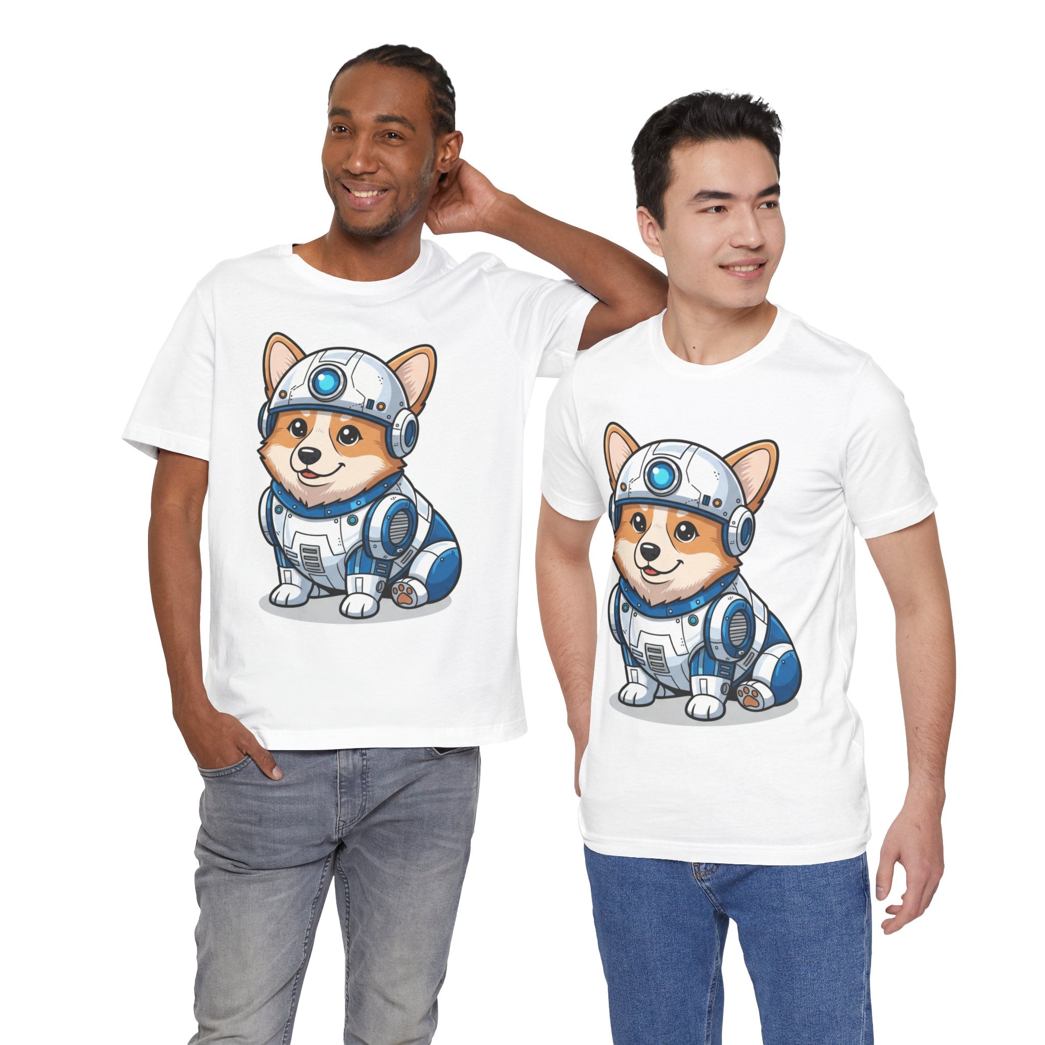 Corgi R2-D2 T-shirt featuring a cute droid pup design, worn by two men in white tees against a plain background.