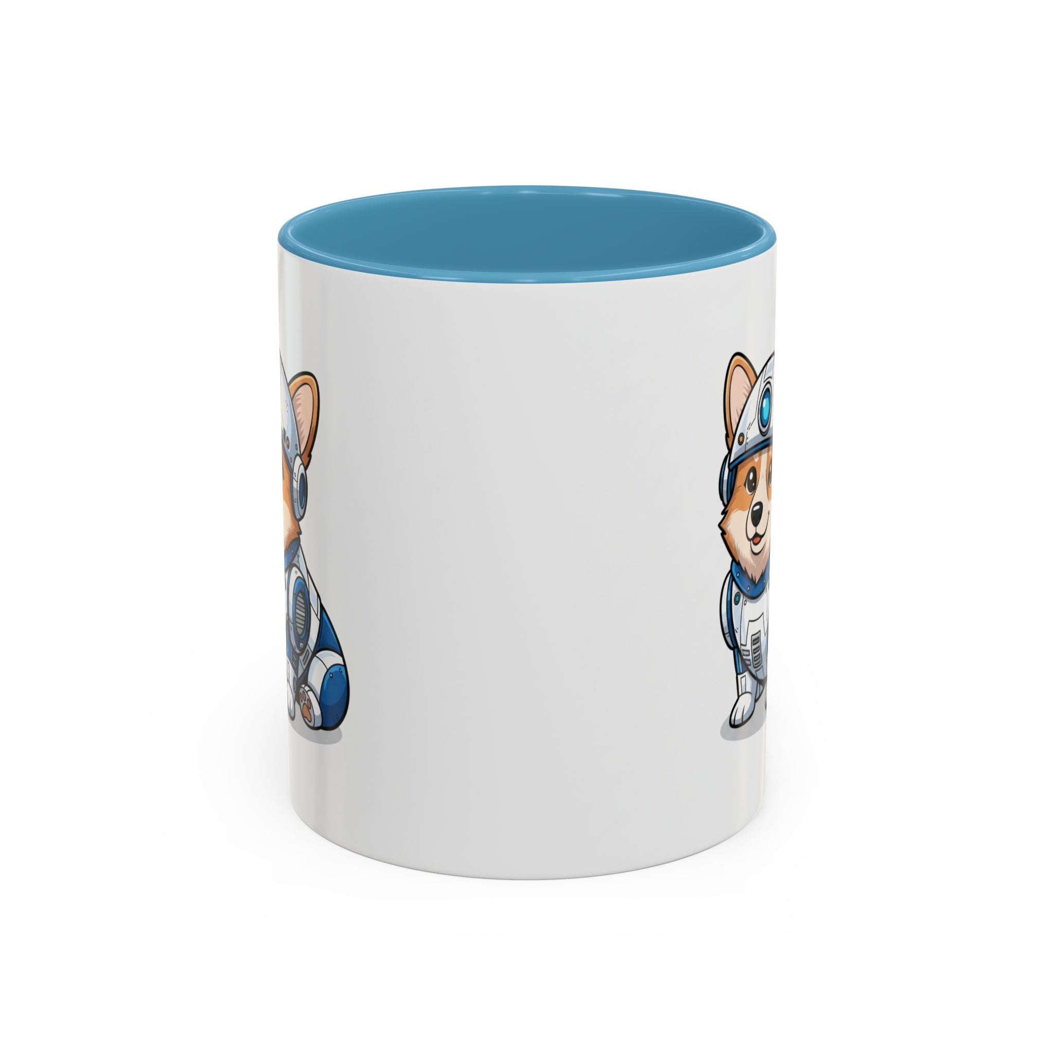 Corgi R2-D2 coffee mug with a blue interior, featuring a cartoon corgi in a droid costume on one side.