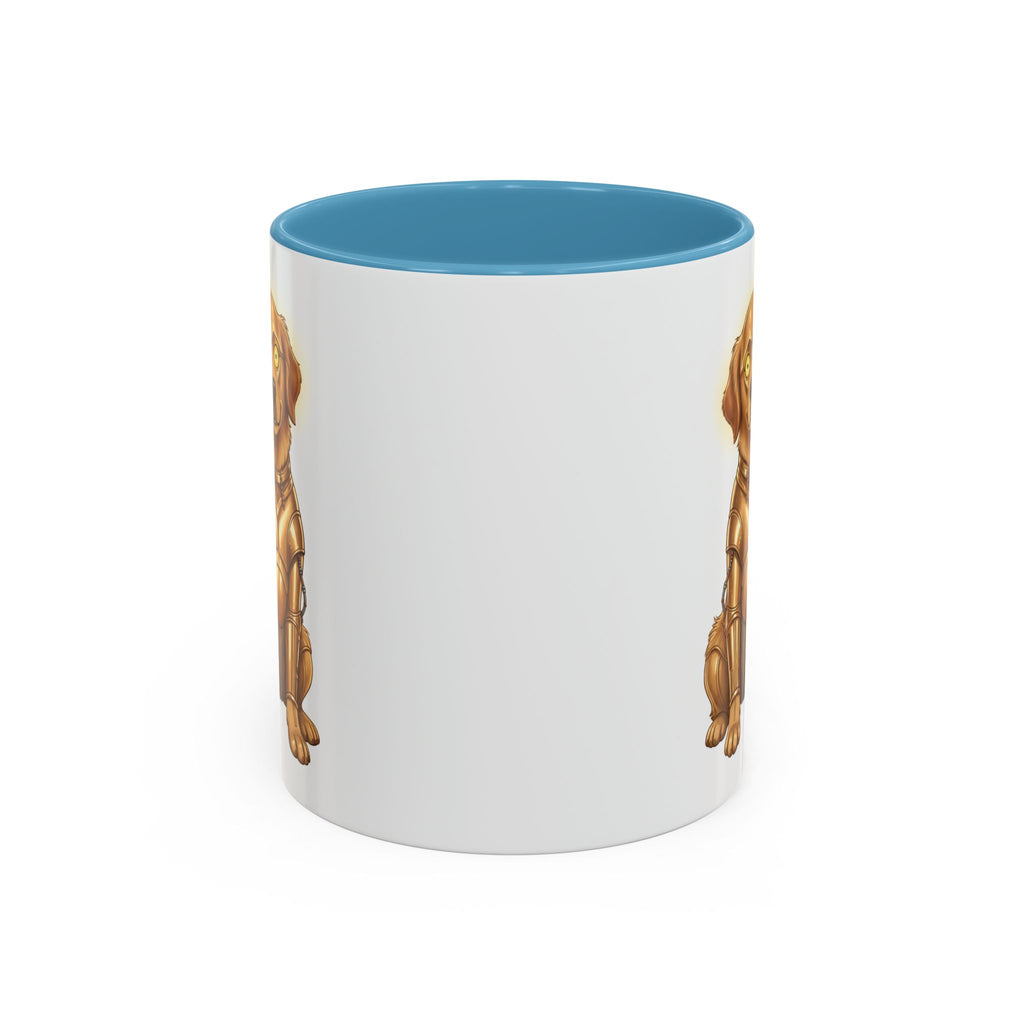 Golden Retriever C-3PO mug with a blue interior, featuring a golden dog design on a white background.