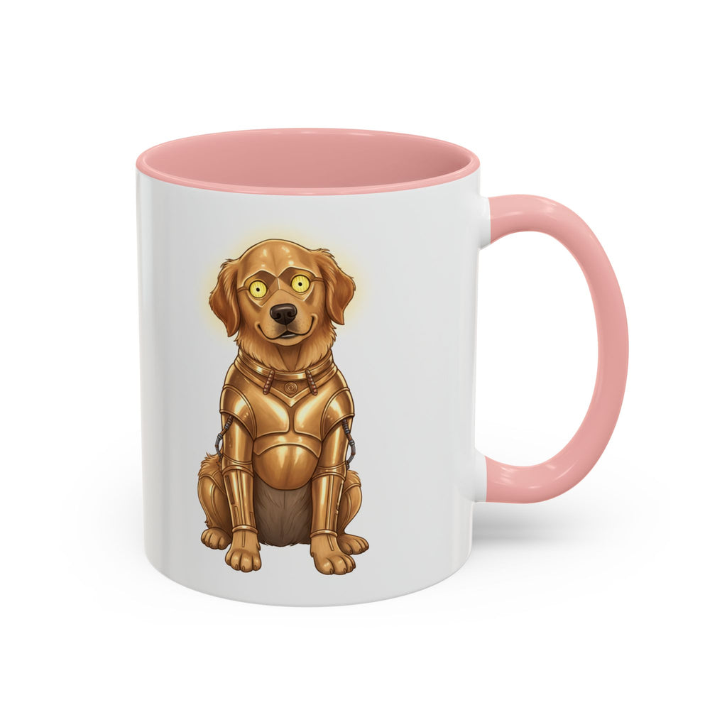 Golden Retriever C-3PO mug with a pink handle, featuring a cartoon dog in a gold robot suit.