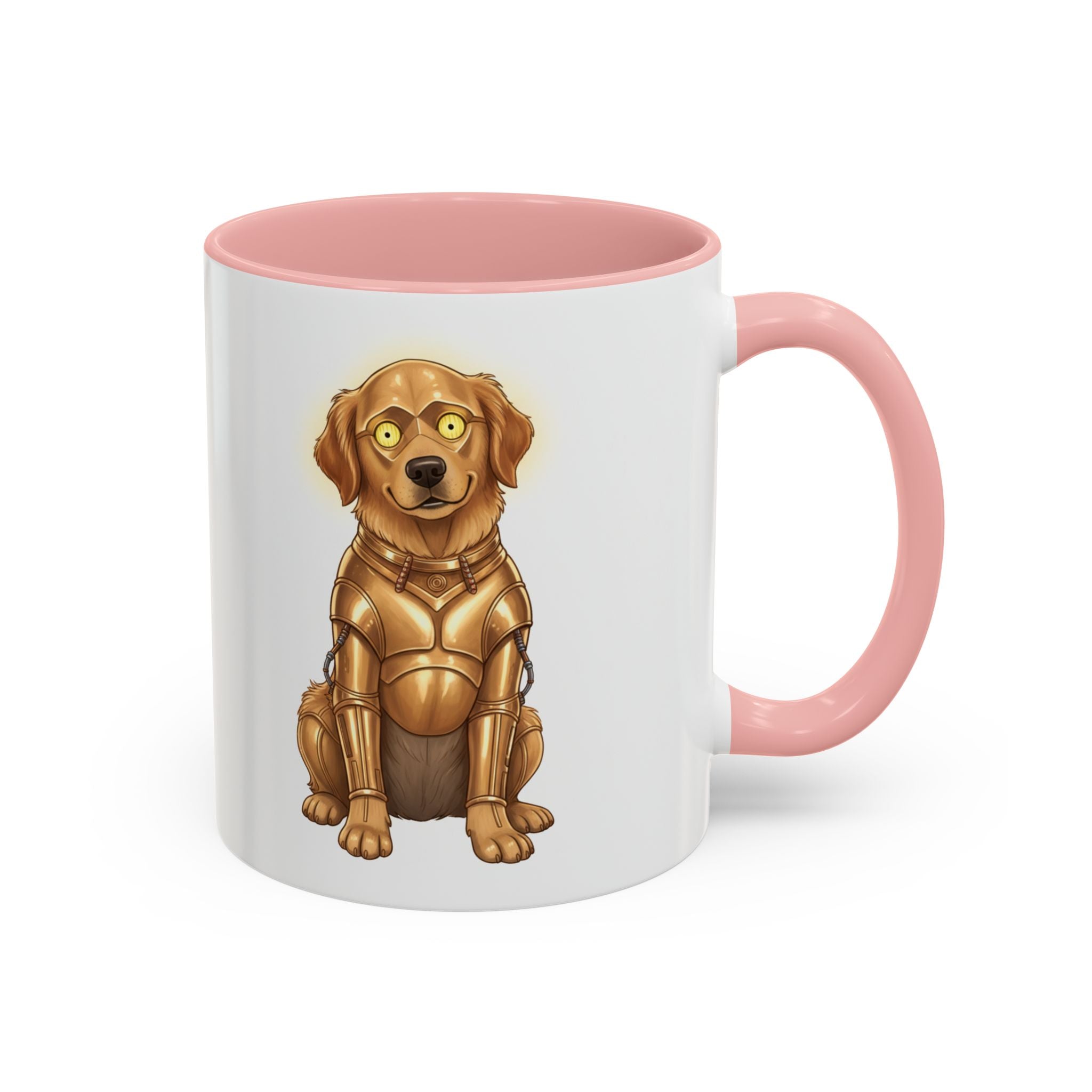 Golden Retriever C-3PO mug with a pink handle, featuring a cartoon dog in a gold robot suit.