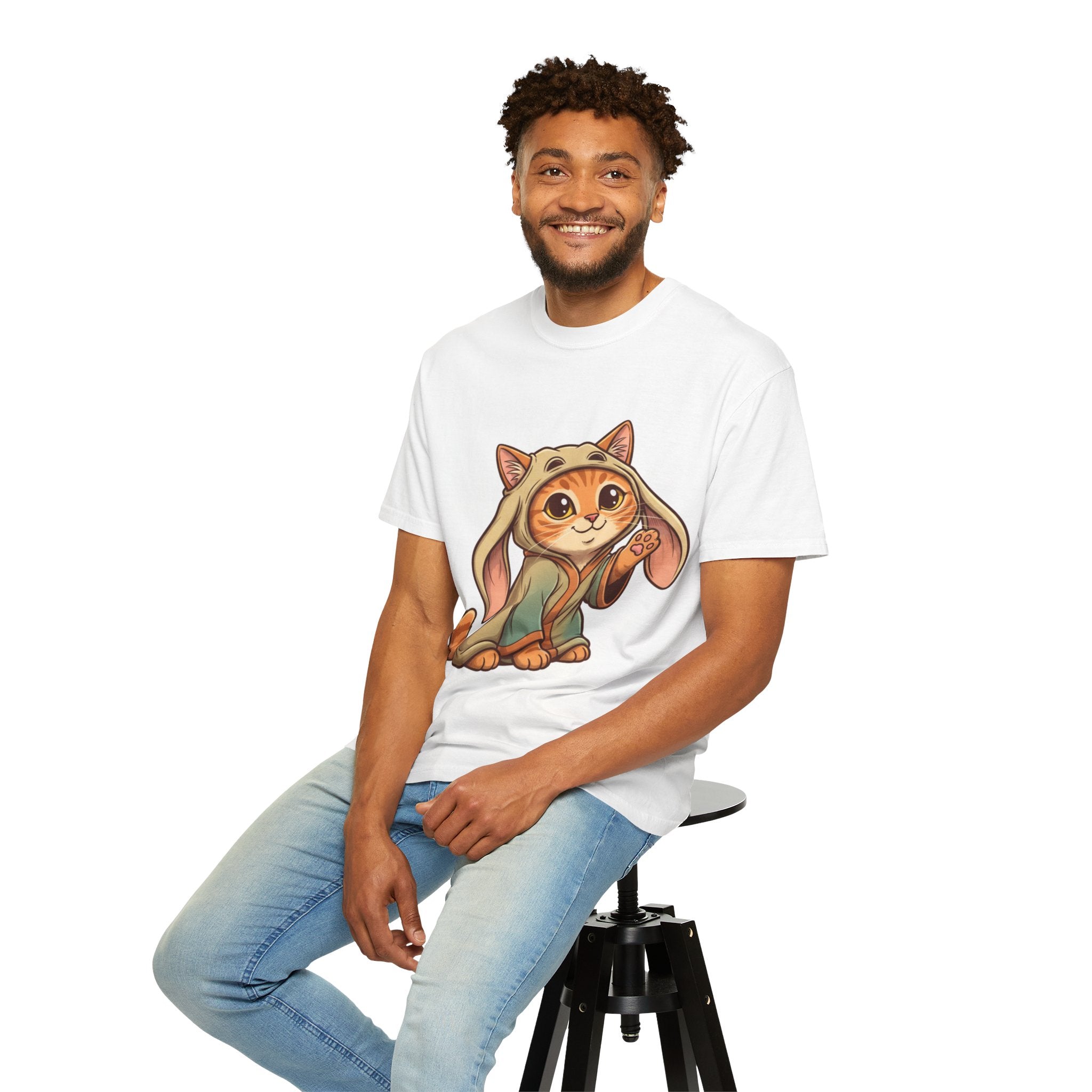 White t-shirt featuring an orange tabby cat dressed as Jar Jar Binks, worn by a man sitting on a stool.