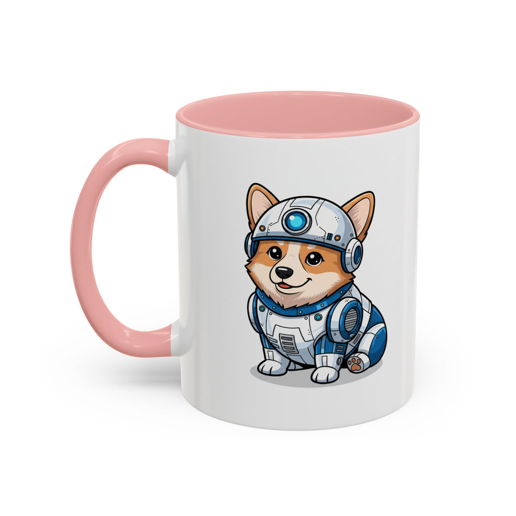 Corgi R2-D2 coffee mug with a pink handle, featuring a cartoon corgi in a droid costume.