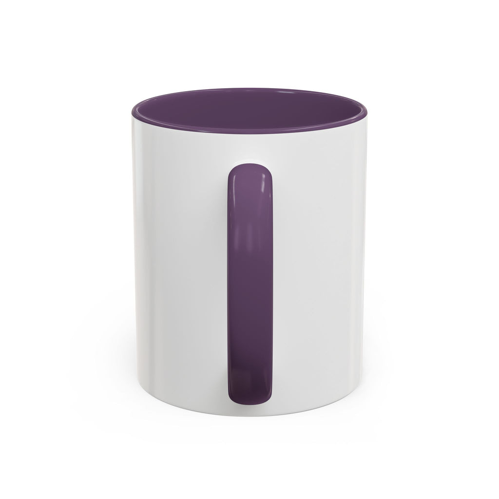 White mug with a purple handle and interior, featuring a detective beagle design and a magnifying glass.