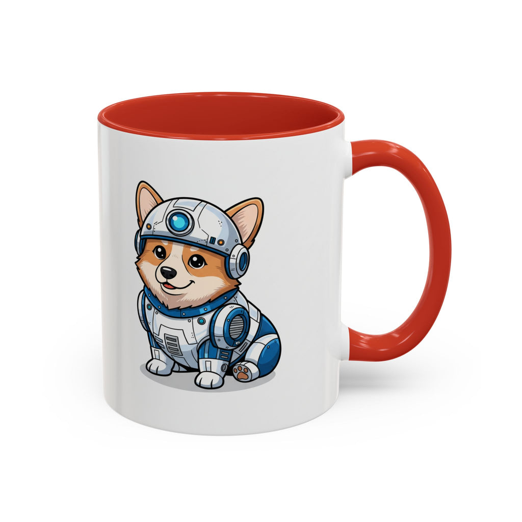 Corgi R2-D2 coffee mug with a red handle, featuring a cartoon corgi in a droid costume on a white background.