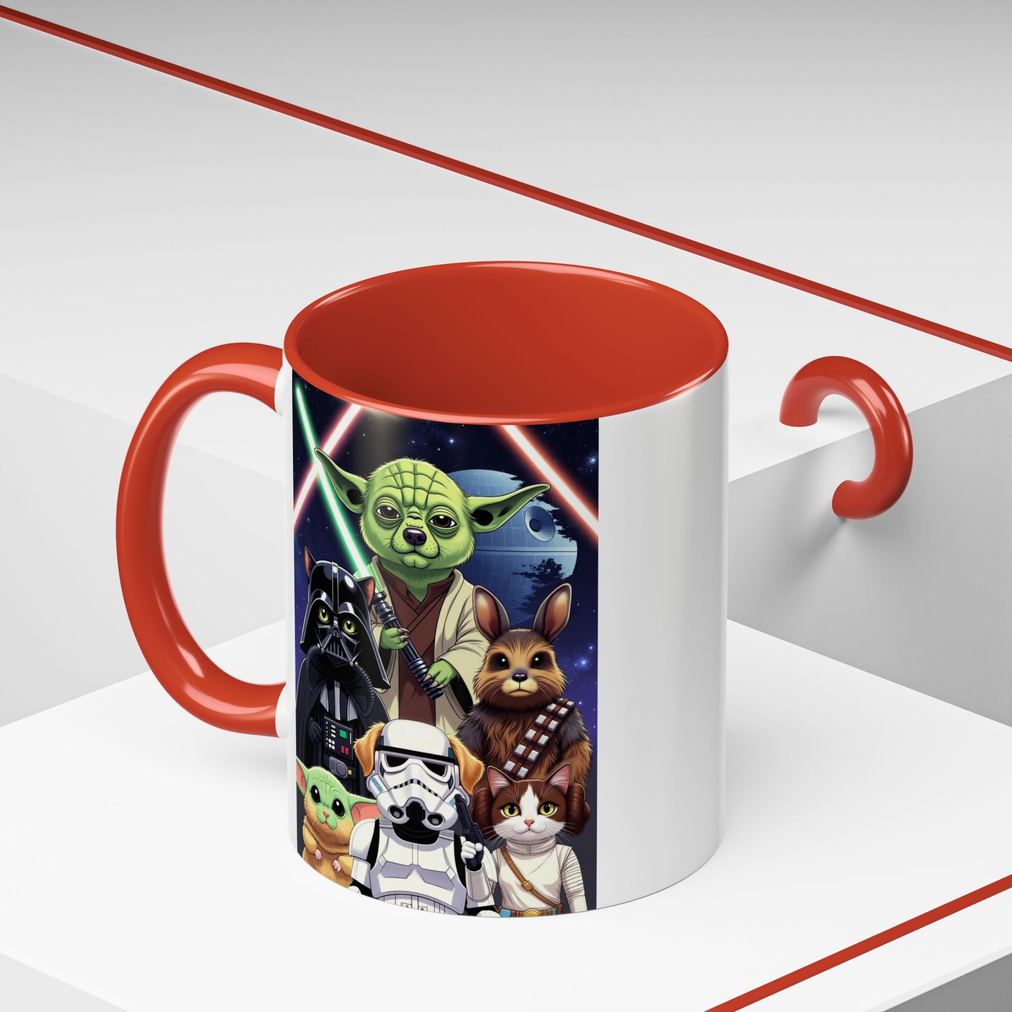 Star Wars Pets coffee mug featuring a galaxy design with characters like Yoda, Darth Vader, and various pets. Red handle.